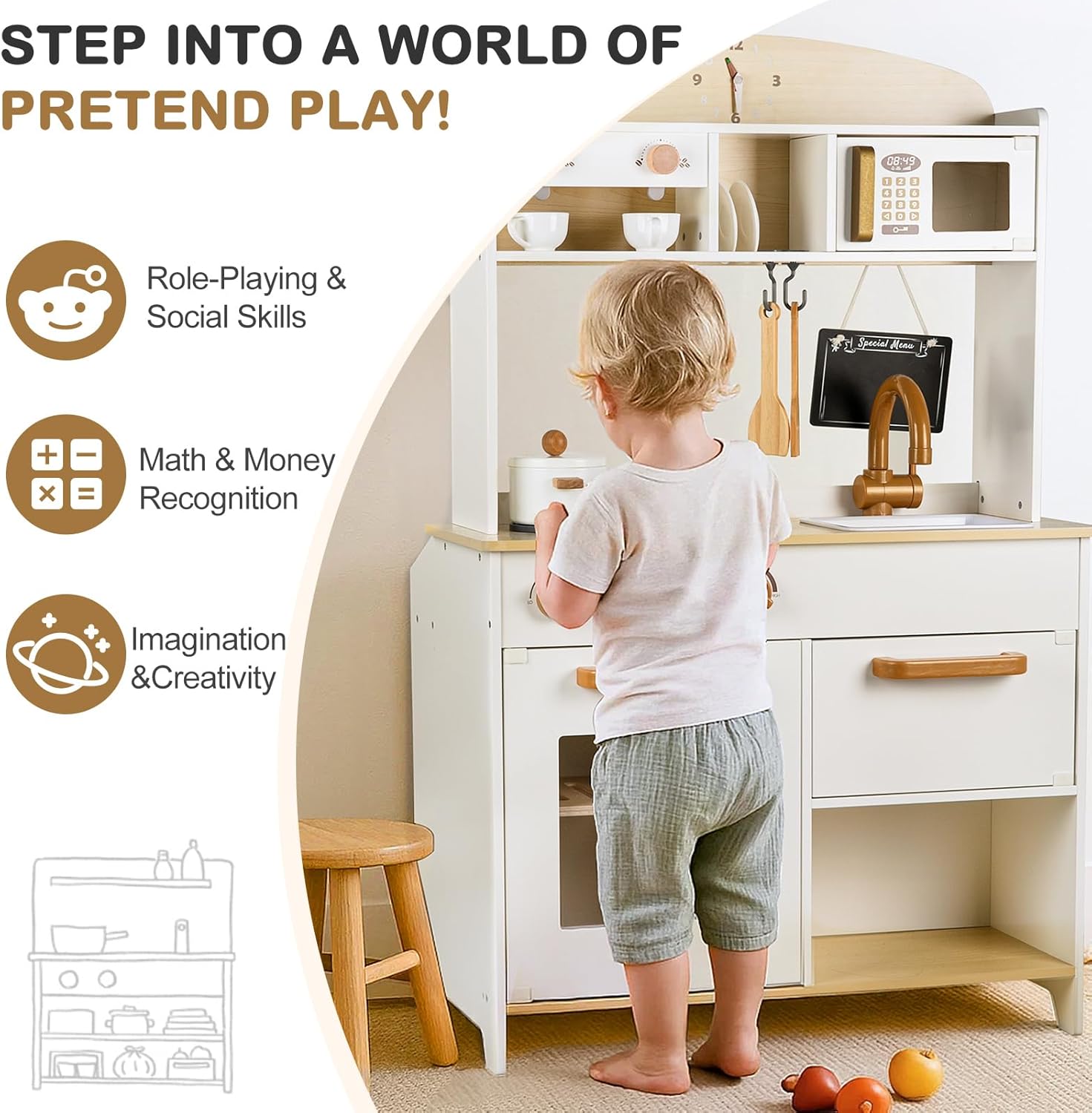 Dual-Sided Play Kitchen for Kids Toddlers, 2-in-1 Grocery Store&Wooden Toy Kitchen Set with Coffee Machine,Pretend Kitchen Play Set with Microwave, Oven, Gift for Boys Girls