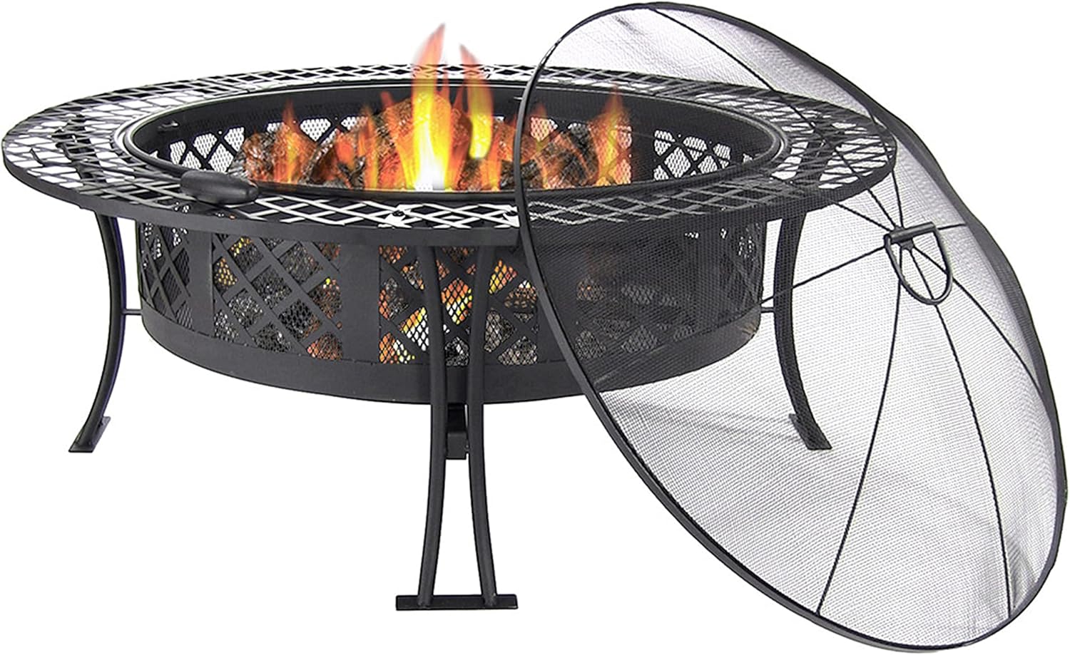 Sunnydaze 40-Inch Round Steel Fire Pit Table with Durable Spark Screen and Poker - Portable Design - Black - Diamond Weave