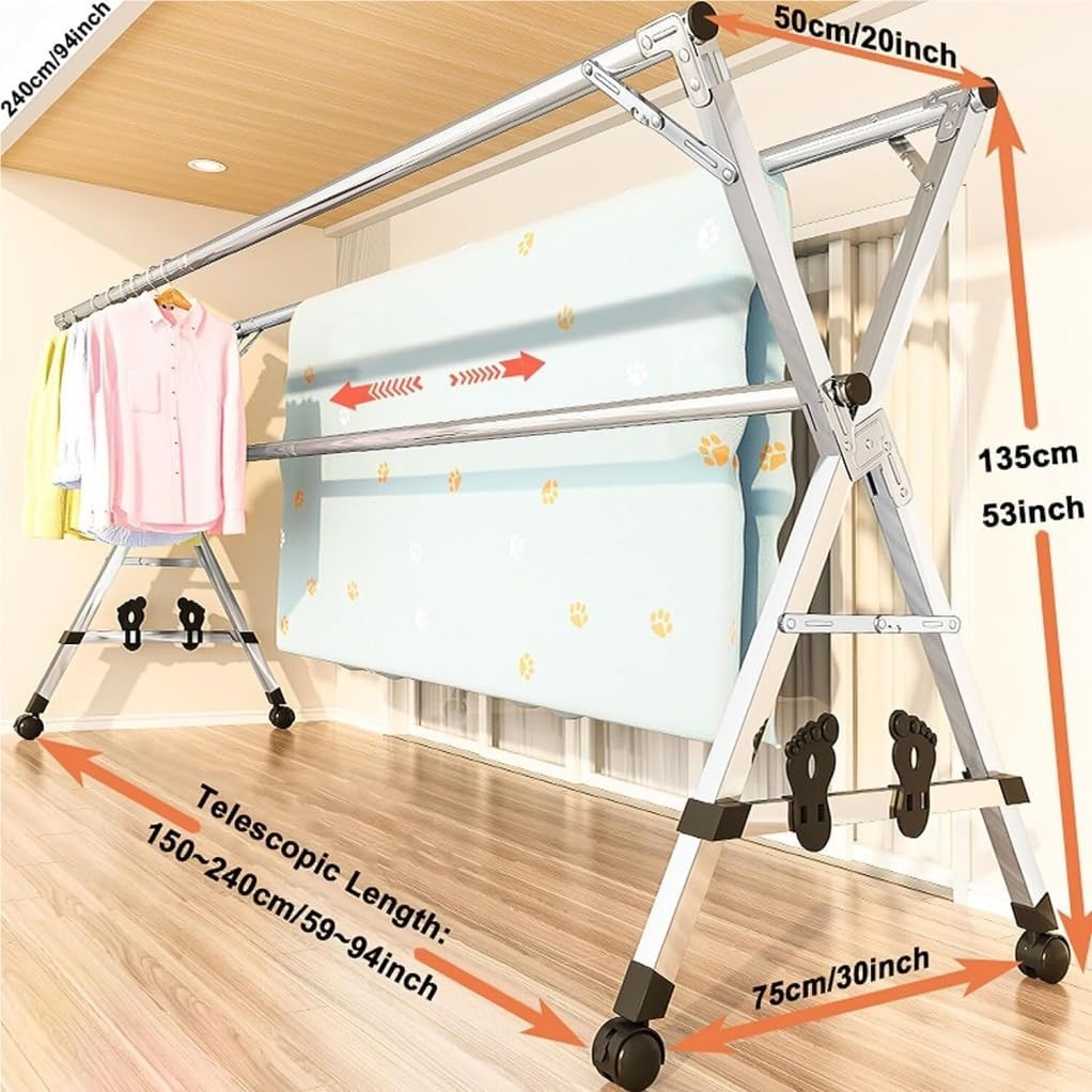 Outdoor Clothes Drying Rack Folding Adjustable Clothes Drying Rack Laundry Rack Stainless Steel Garment Rack with 4 l Wheel Washing Drying Rack