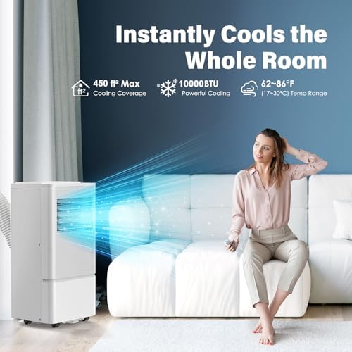 Air Choice Portable Air Conditioners, 3-in-1 10000 BTU Air Conditioner Portable for Rooms Up to 450 Sq. Ft, Remote, 24H Timer, Dehumidifier, Fan, Full Installation Kit, AC Unit for Bedroom Office