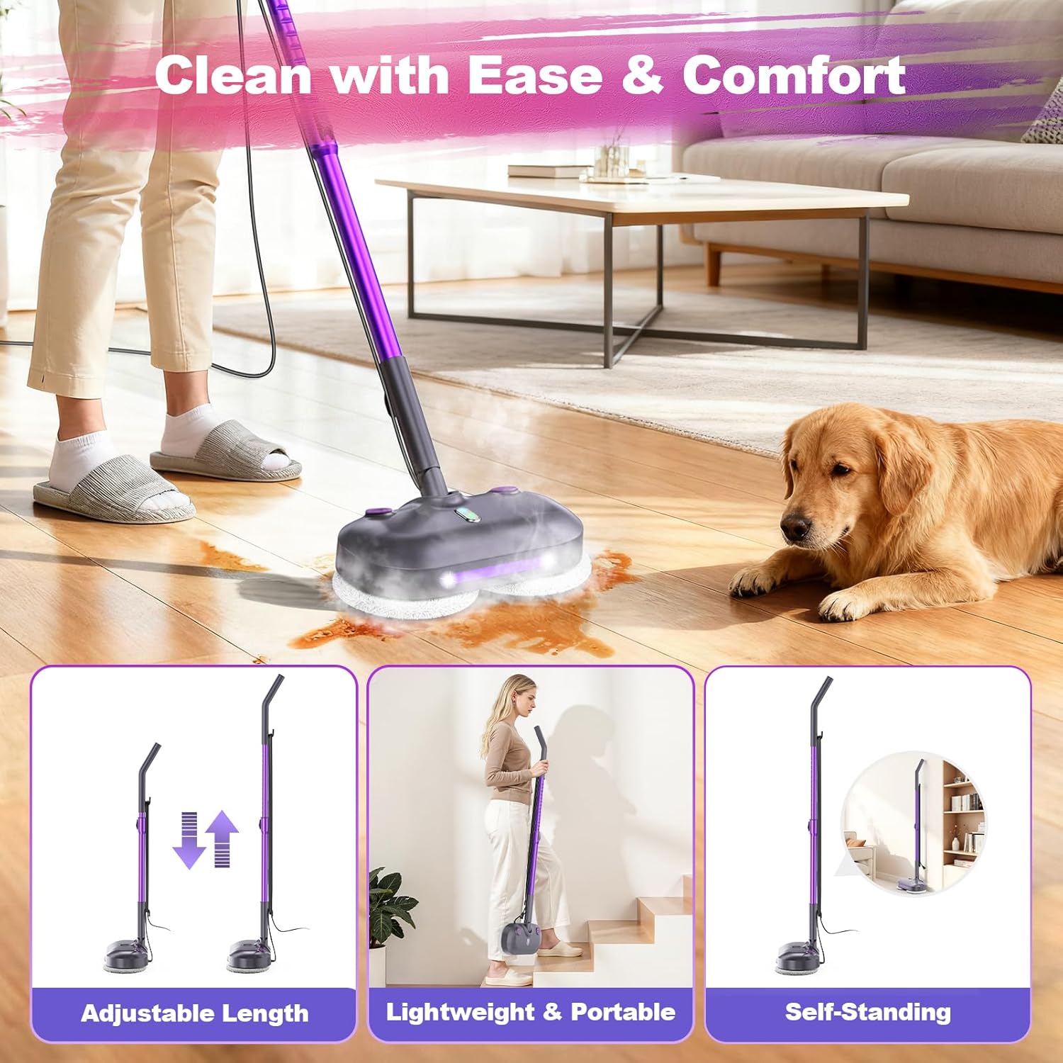 Scrubbing Steam Mop with Rotating Pads, All-in-One Spin Steam Cleaner for Floor Cleaning, Large Tank, 23FT Cord, LED Headlights, Reusable Pads & Self-Standing, Safe for Hard Floor/Laminate/Marble