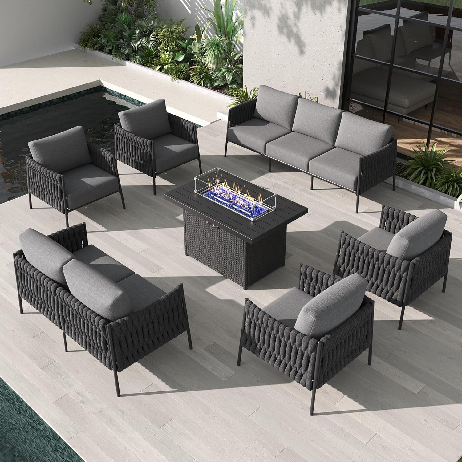 LayinSun 7 Piece Outdoor Furniture Set with Fire Pit Table, Modern Rope Woven Patio Conversation Sofa Set with Olefin Braid and Deep Seating