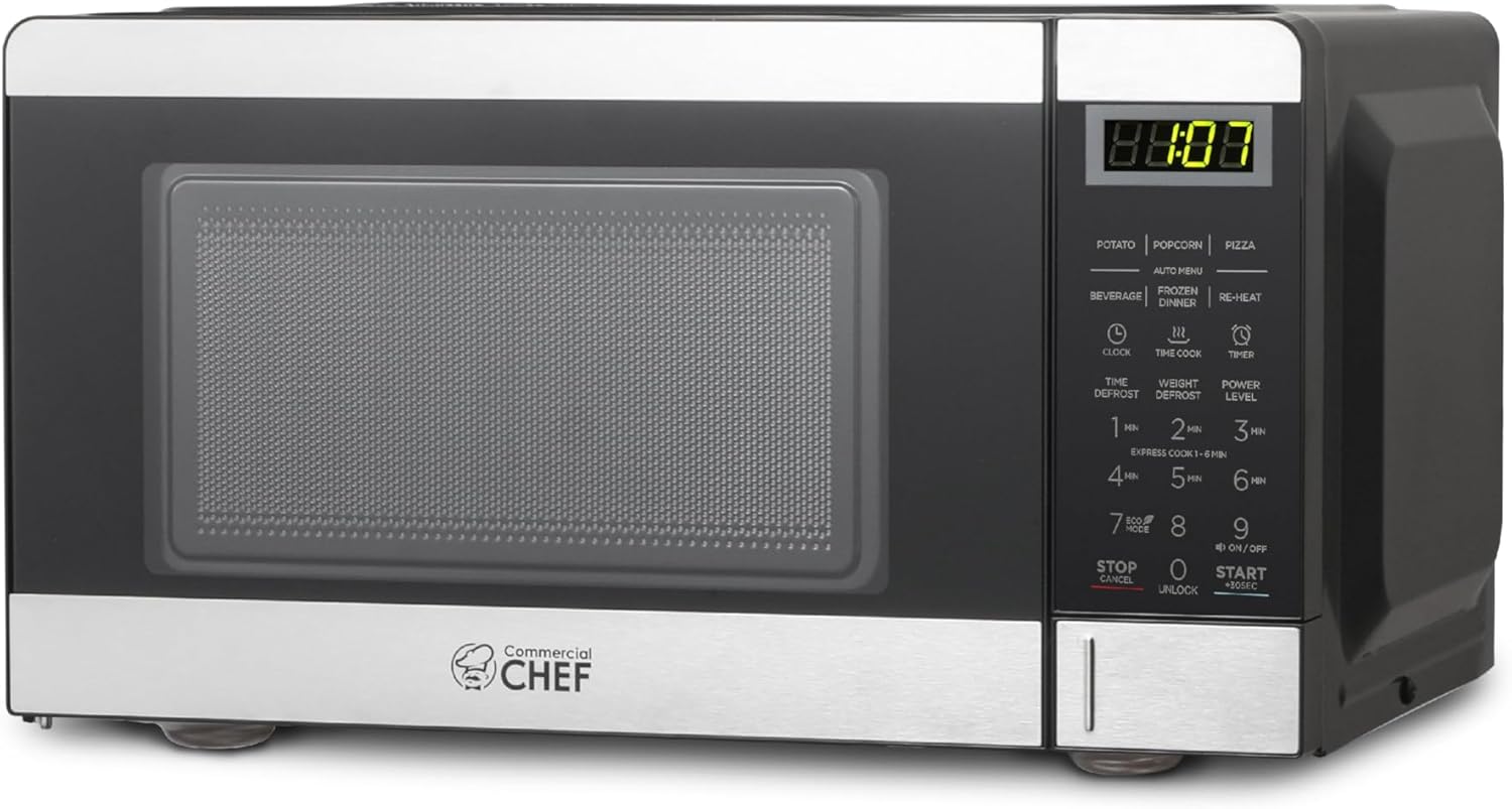 COMMERCIAL CHEF 0.7 Cubic Foot Microwave with 10 Power Levels, Small Microwave with Push Button, 700W Countertop up to 99 Minute Timer and Digital Display, Stainless Steel