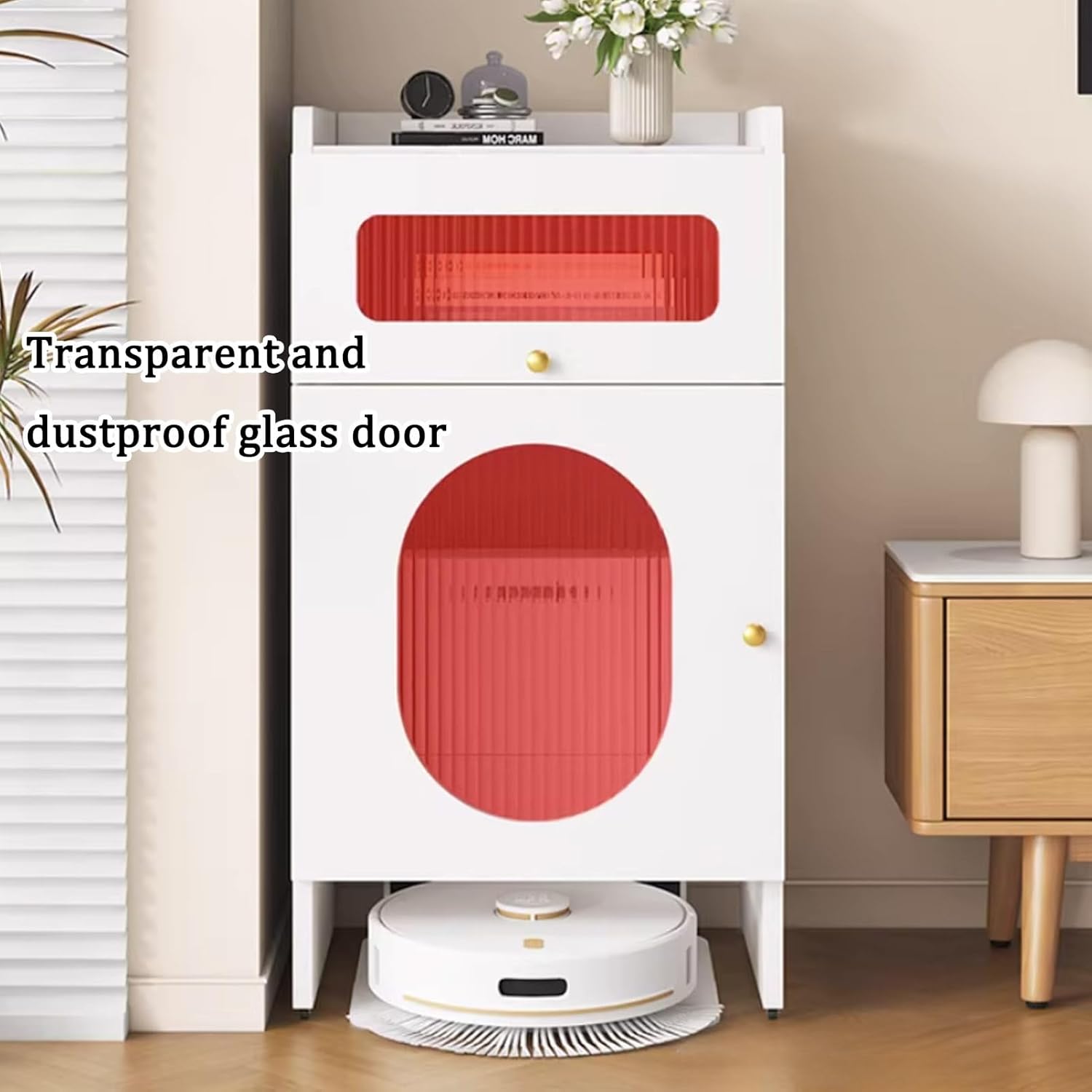 Robot Vacuum Stand Cabinet, Hidden Cabinet for Sweeping Robots, Robot Vacuum Storage Cabinet with Wheels, Side Table with Drawer and Doors(Champagne,19.6x15.7x29.5'')