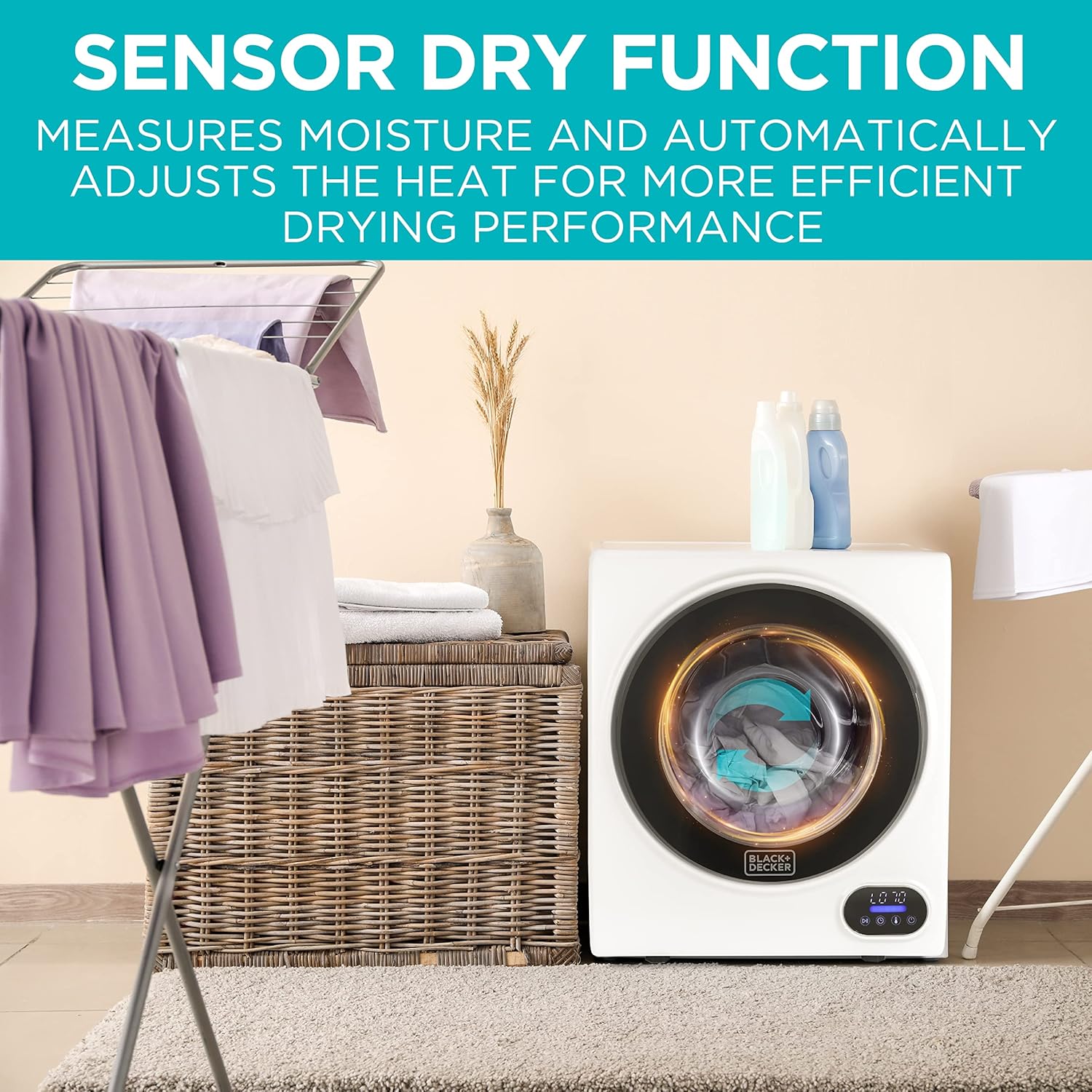 BLACK+DECKER 1.5 Cu. Ft. Compact Dryer, 5.5 lb. Capacity, 850W 120V Vented Electric Drying Machine with Stainless Steel Drum, Portable Dryer for Laundry for Standard Wall Outlet, BCED15, White