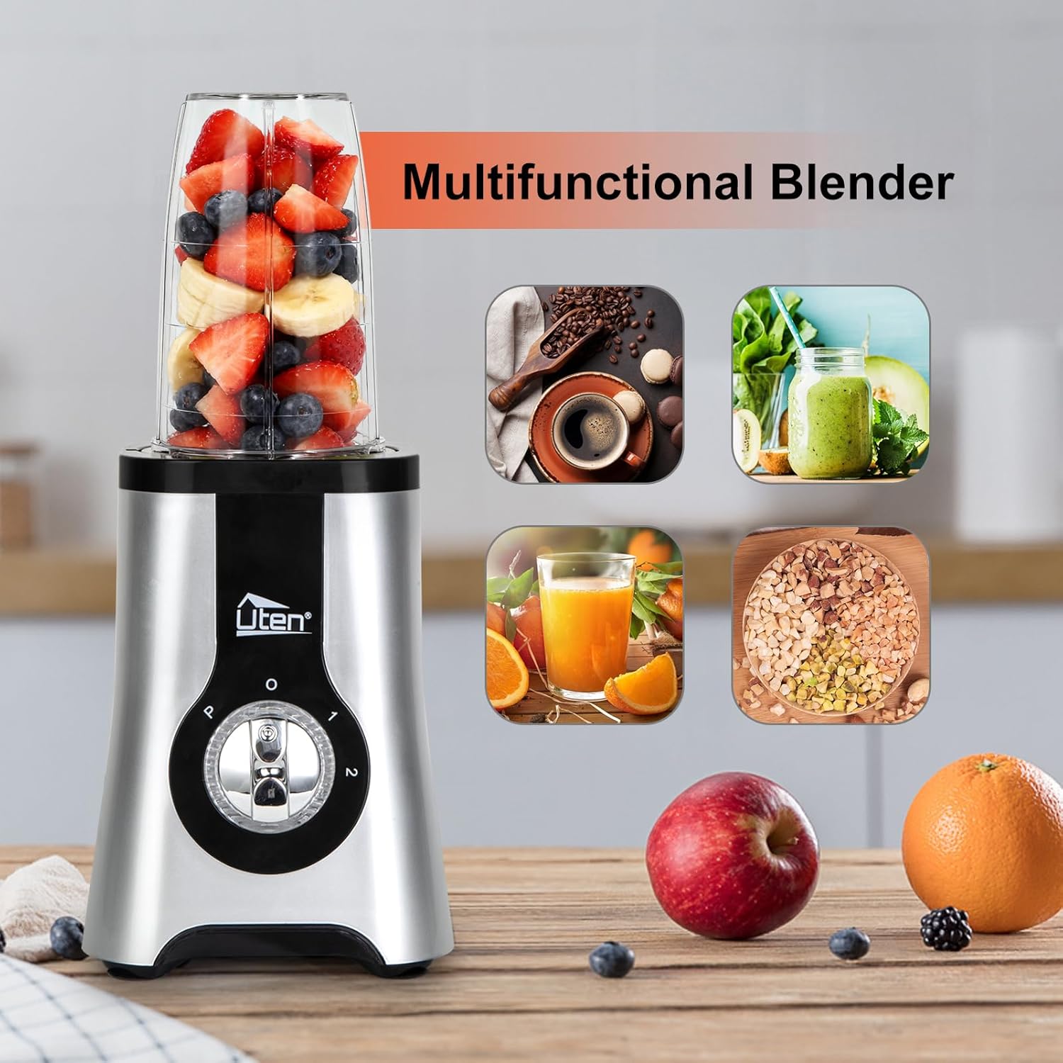 Uten 5-in-1 Smoothie Blender 42 oz/1.25L, Multi-Functional Mixer, Smoothie Maker, Juicer, Grinder with 304 Stainless Steel Blades, BPA-Free, Dishwasher Safe, Includes 3 Blender Cups & 2 Travel Bottles