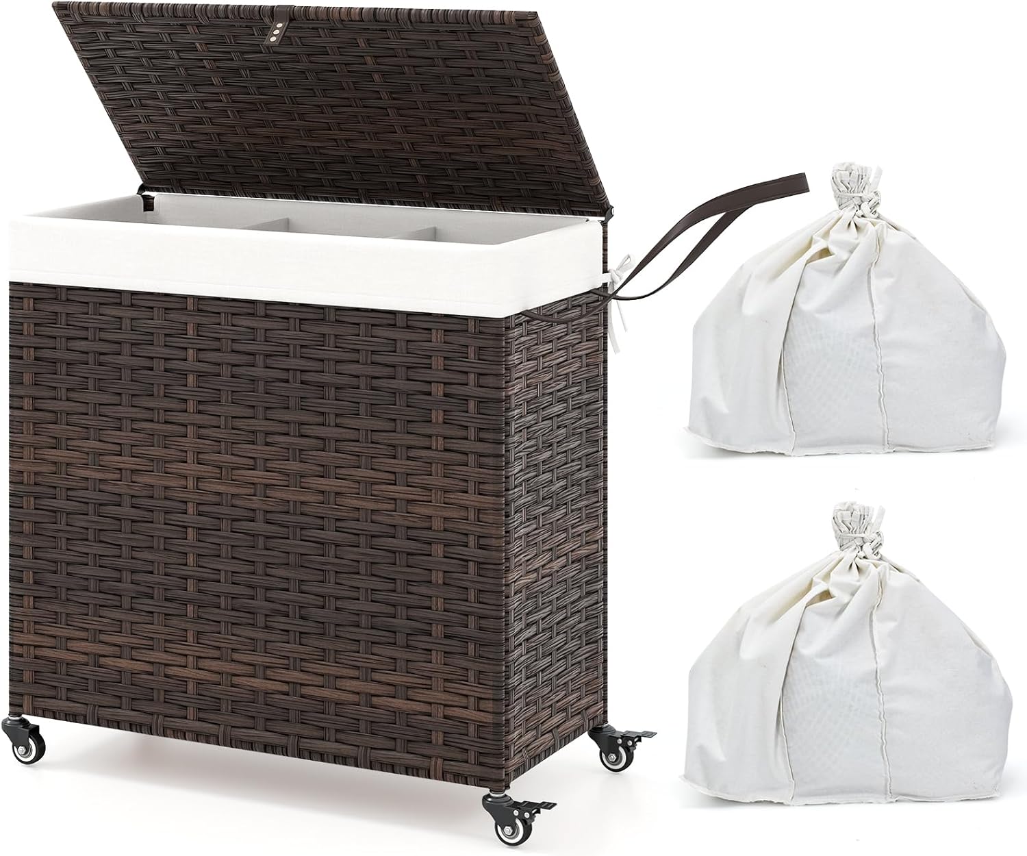 Giantex Laundry Hamper w/Wheels, 3 Section Hamper 125L w/2 Removable Liner Bags, Handwoven Rattan Divided Laundry Basket w/Lid and Handle for Laundry Sorter for Bathroom Bedroom (Brown)