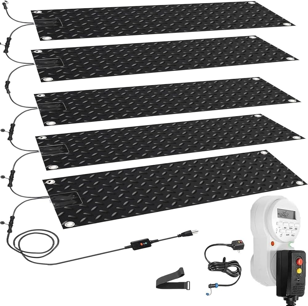 Heated Snow Melting Mat with Timer, 10''Width Non-Slip Electric Heated Foot Mat, Snowmelt Heated Walkway Mat with Power Cord, w/Power Cord, Slip-Proof Design for Ex(5 Pcs-10x30in/(25.4x76.2 cm))