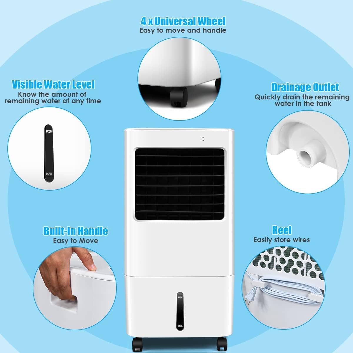 KOTEK 20L Evaporative Air Cooler, 3-in-1 Cooling Fan Humidifier with 3 Modes, 4 Speeds, 7.5H Timer, Large Water Tank & Ice Crystal Boxes, Portable Air Cooler Fan with Swivel Wheels for Home Office