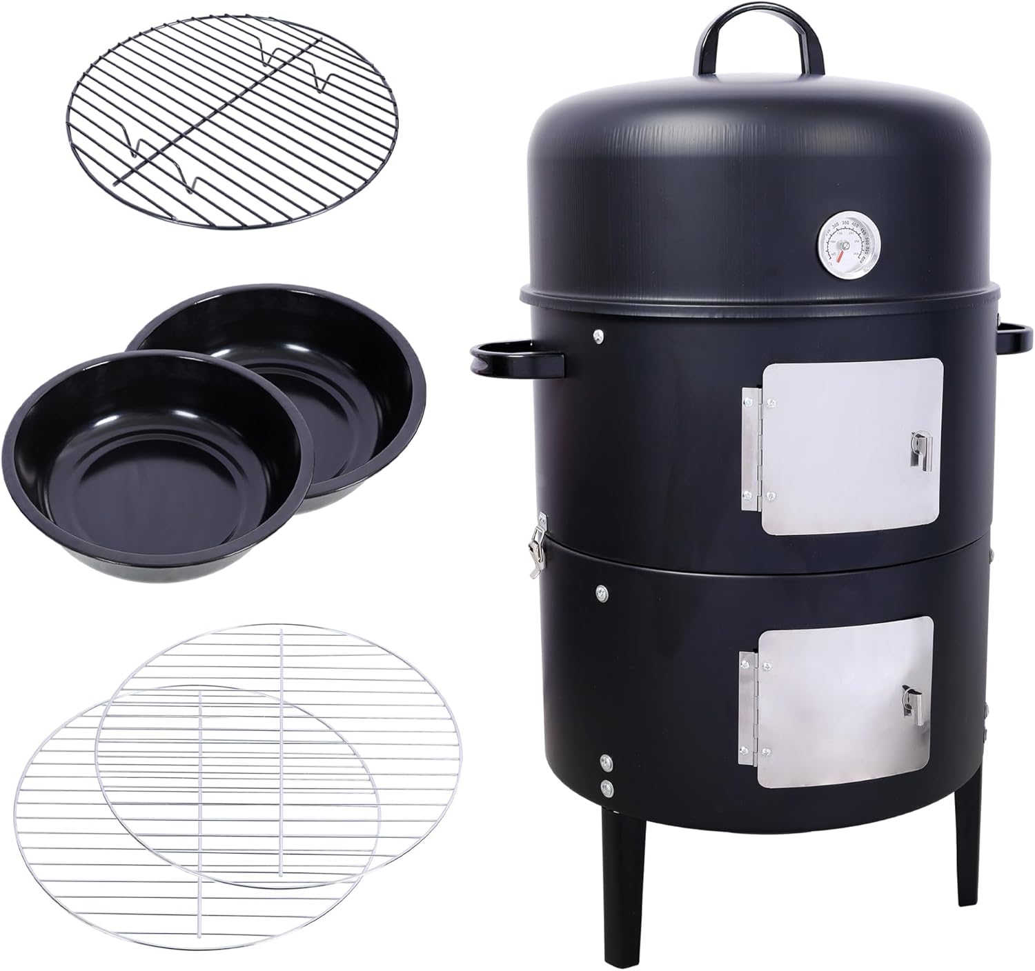 17 Inch Heavy Duty Steel Charcoal Smoker - Round Black BBQ Grill for Outdoor Cooking
