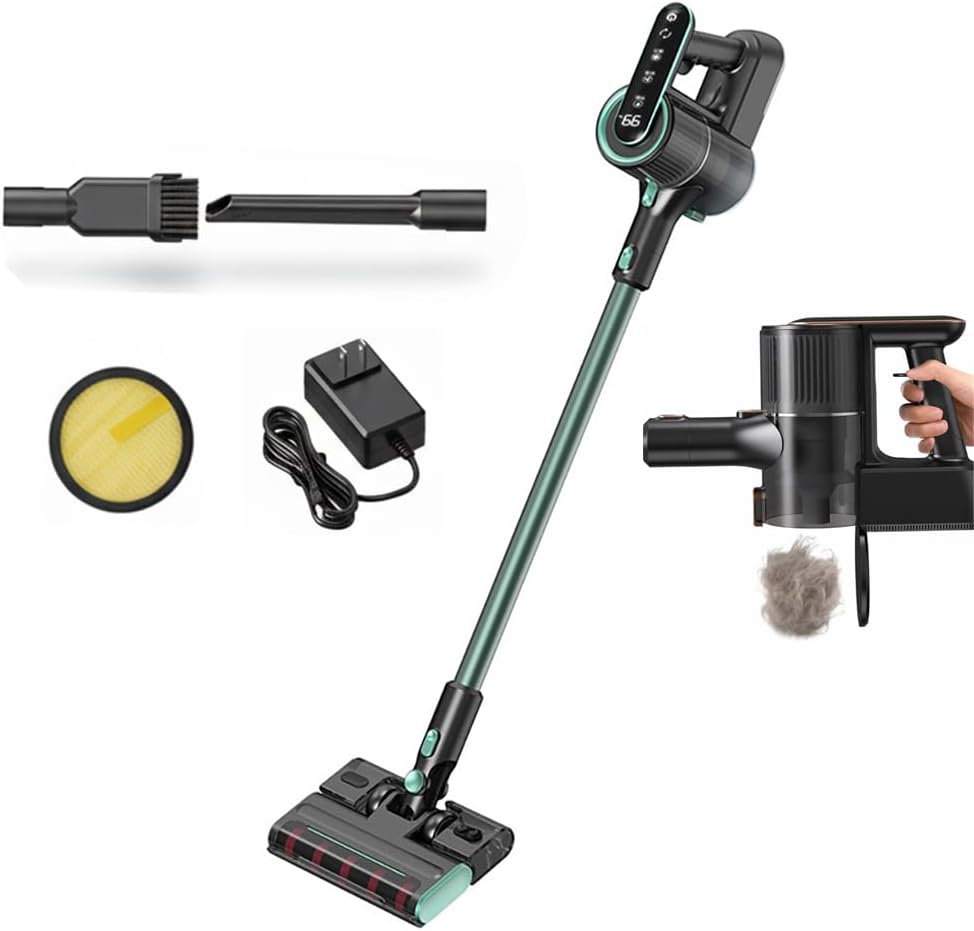 Cordless Vacuum Cleaner, 15KPA Strong Suction 2-in-1 Vacuum Mop Combo with Green Light Dust Detection, 3 Modes for Home Hard Floor Carpet, Long Battery Life, Smart LED Display (Greyish-Green)