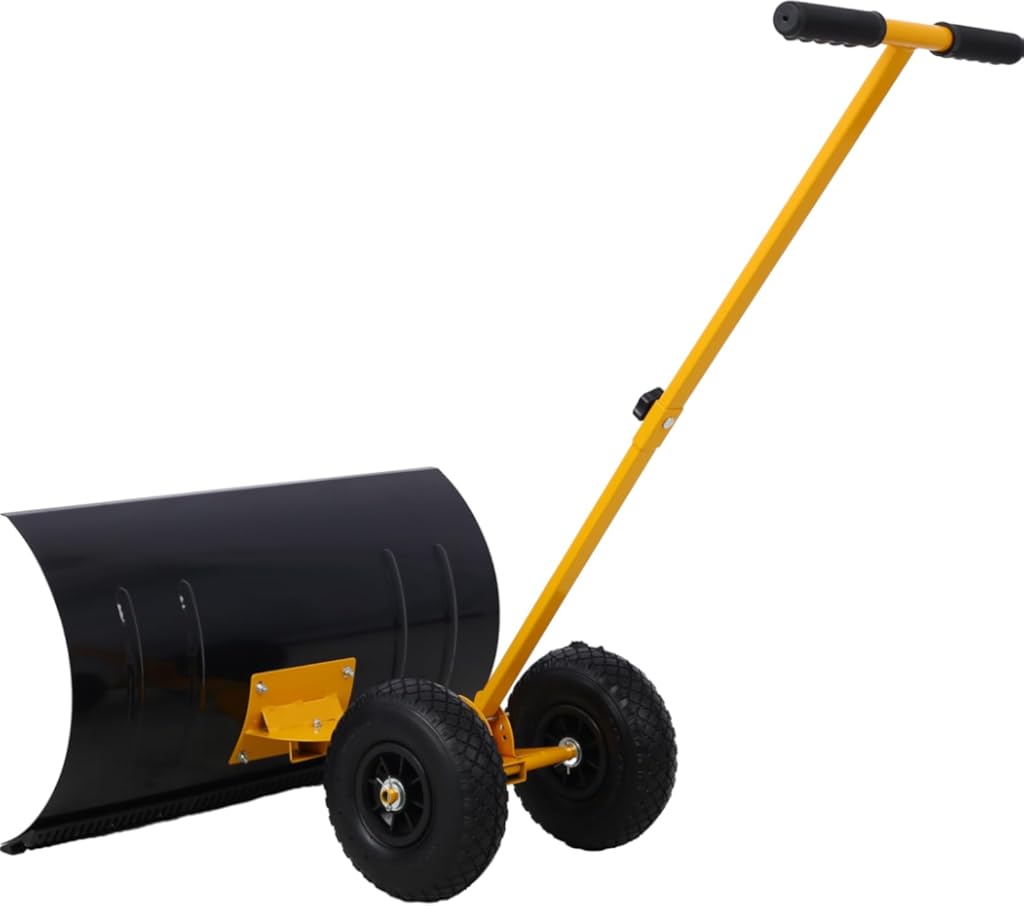 Snow Pusher with Wheels - 29” Heavy Duty Metal Snow Shovel, Adjustable Angle Blade, Ergonomic Handle, Anti-Skid Wheels for Driveway Sidewalk Removal