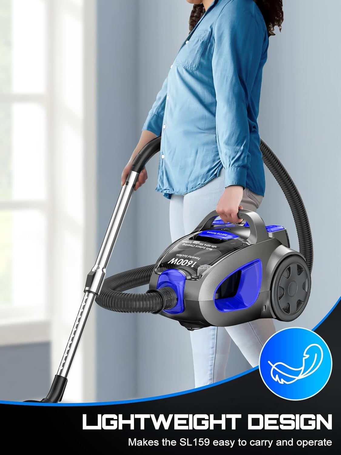 Canister Vacuum Cleaner, 32Kpa 1600W Cyclon Power, Dust Full Indicator, Double HEPA Filters, 3.7Qt Large Capacity, Lightweight Vac for Hard Floors, Carpets, Pet Hair, Blue