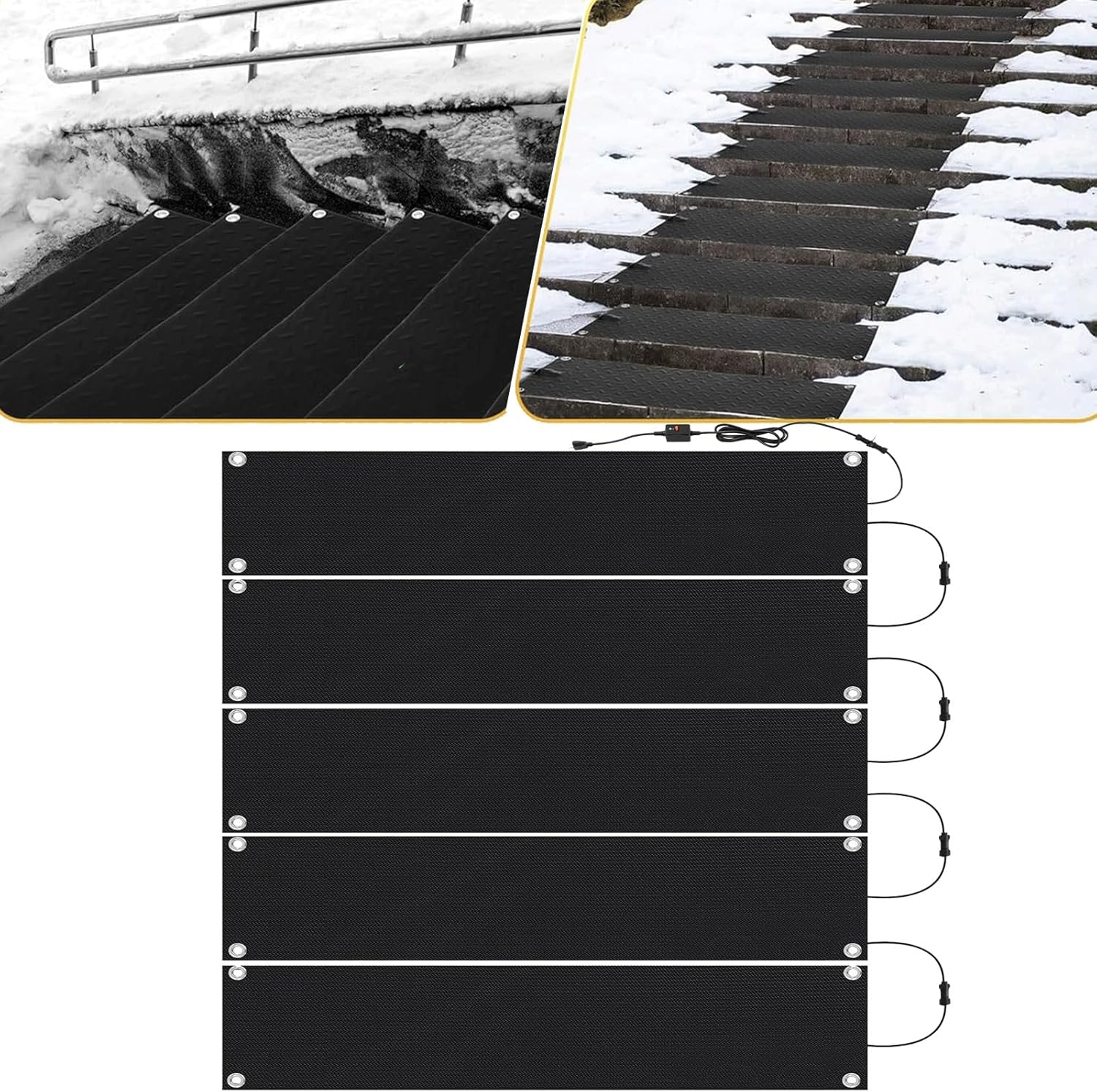 Heated Snow Melting Mats for Snow Removal, No-Slip Heated Outdoor Mats for Stair Walkways, Electric Snow Melting Mats for Decks Walkway and Sidewalks Trusted Snow and Ice Melt Mat(5 Pcs,10in*35.4in/25