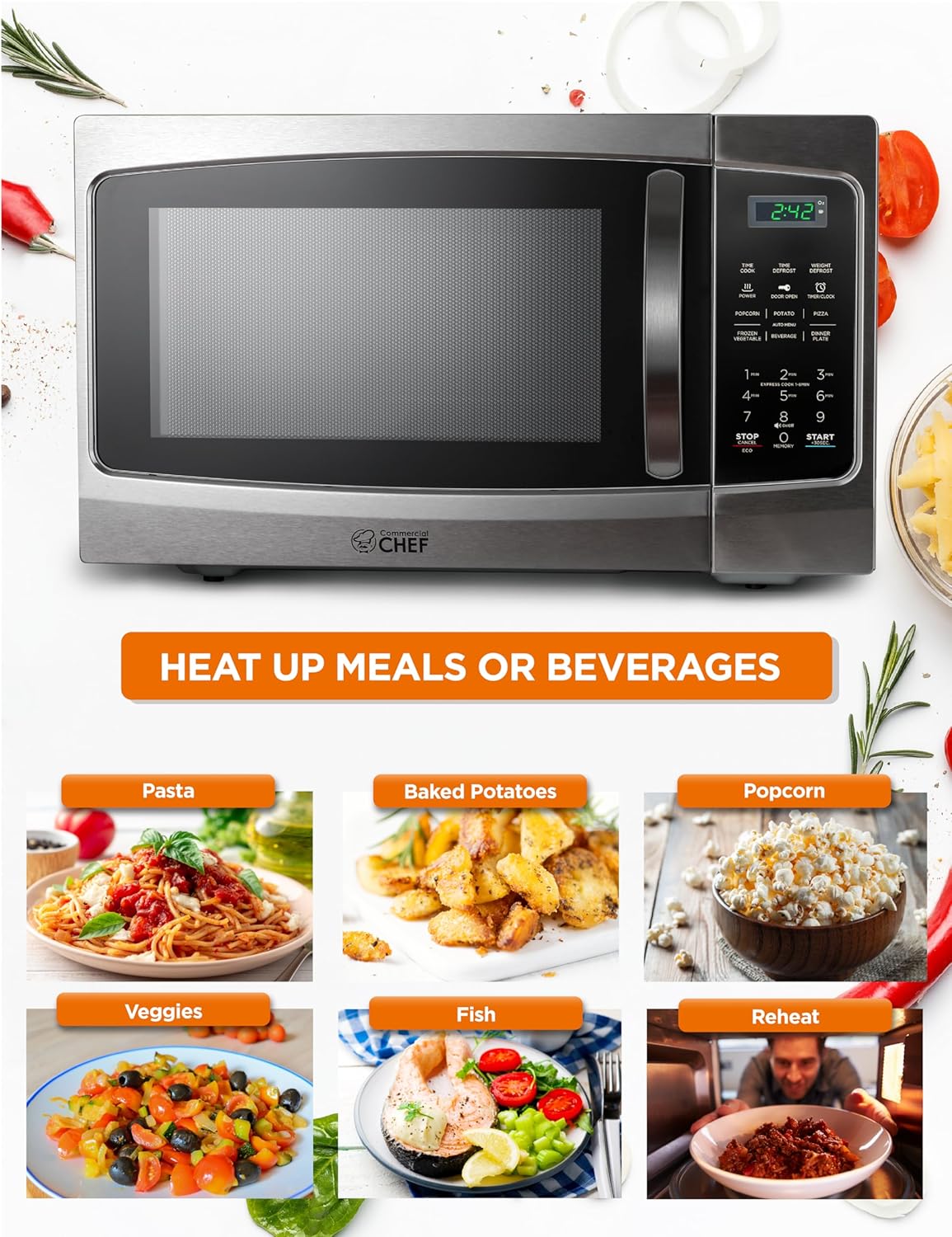 COMMERCIAL CHEF Microwave 1.3 Cu Ft with 10 Power Levels, Microwave with Pull Handle Door Lock, 1000W Countertop Microwave with Timer and Digital Controls, Stainless Steel