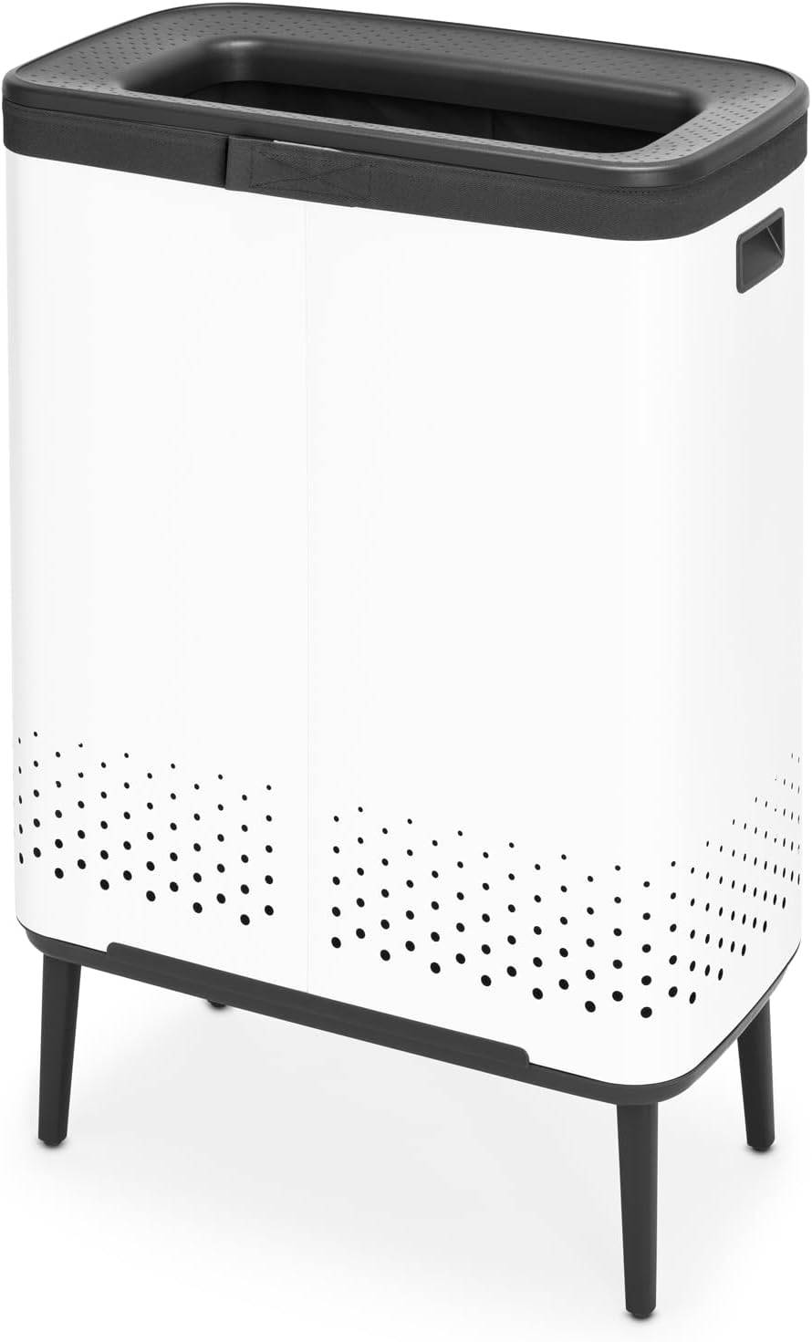 Brabantia Bo Laundry Hamper Hi (White) 2 Compartment Removable Laundry Bag 2 x 12 Gal, Ventilated Stylish Dirty Clothes Holder, Flat Back, Off-the Ground, Anti-Rust Materials for Bathroom Use