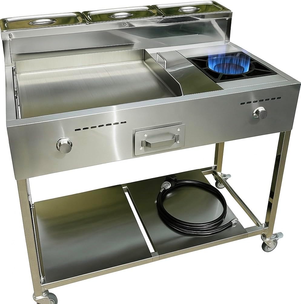 Propane Burner Stove and Flat Top Griddle Cart | 20” Stainless Steel Griddle with 30,000 BTU Cast Iron Burner Stove | Portable 4 Wheel | 3 Condiment Container Pans | Commercial & Home Use
