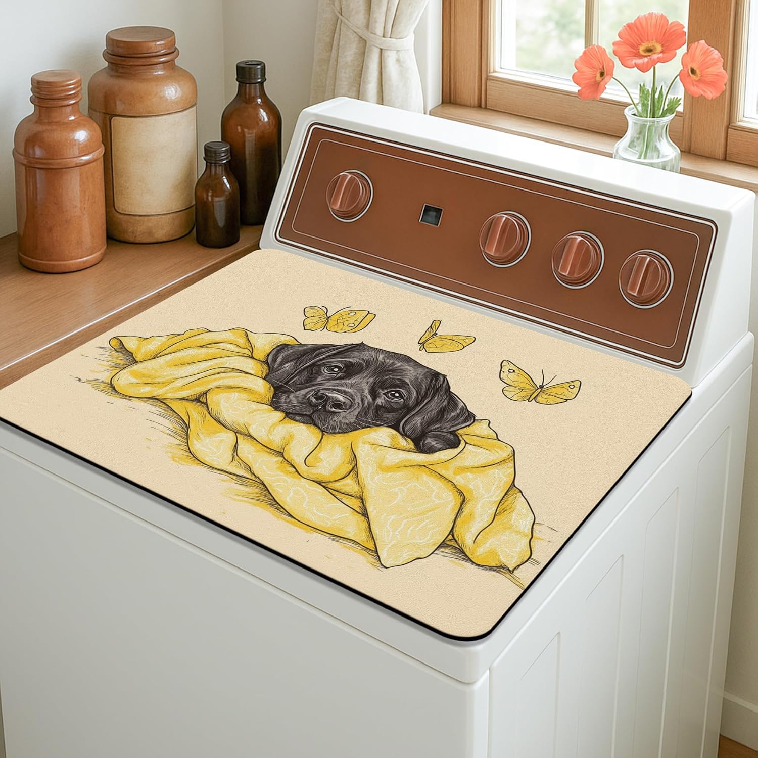 Butterfly Washer Dryer Top Protector Mat, Yellow Cute Butterfly Laundry Machine Dust Cover, Spring Floral Rubber Anti-slip Waterproof Washer And Dryer Mats for Laundry Room 20x24 Inch