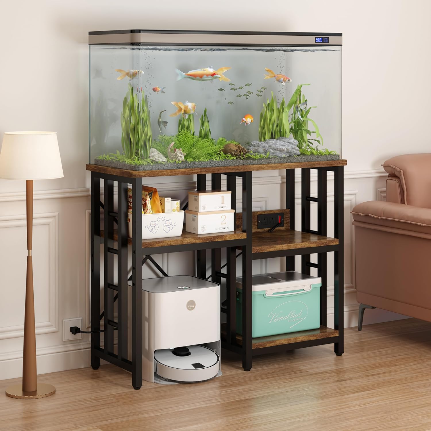 4-Tier Kitchen Baker's Rack with Power Outlet, Mini Fridge & Microwave Oven Stand Table, 5 Tiers Coffee Bar Table, 20-29-37 Gallon Fish Tank Stand, Kitchen Organizer Shelf for Spices, Pots and Pans.