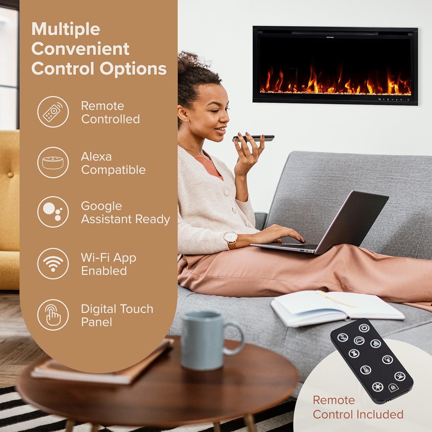 Modern Ember Aerus Slim 36 Inch Smart Linear Electric Fireplace | Recessed in-Wall or Wall-Mount | LED Multiple Flame Colors | Alexa/WiFi Enabled | 4.25” Profile | Remote Included