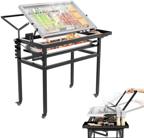 Charcoal Flip Grill for BBQ, Black Barbecue Grills for Outdoor Camping, Portable Tabletop Charcoal Grill with 360 Degrees Reversible Cooking Grid Removable Tray Adjustable Steel Frame