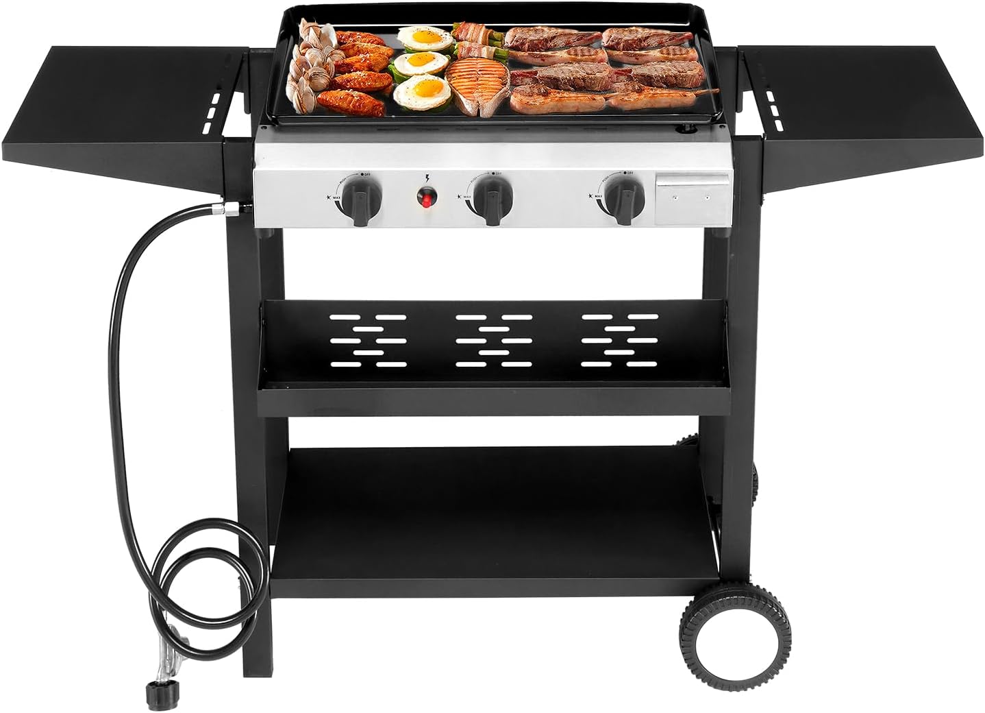 Flat Top Grill with Ceramic Coated Pan, 3 Burner Propane Griddle Station with Rear Grease Management, 30,000 BTU Gas Griddle with 2 Shelves for Outdoor Cooking, Backyard
