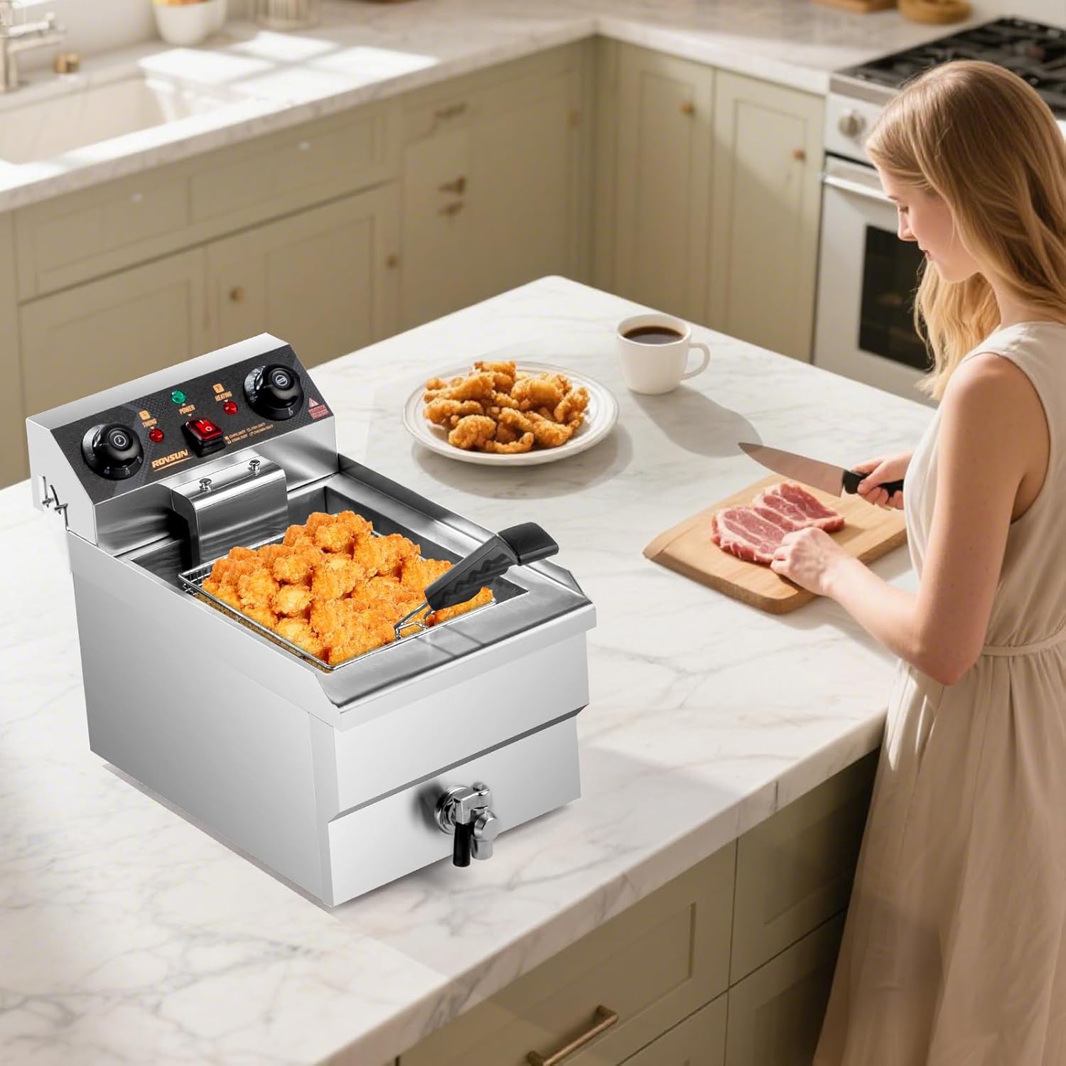 ROVSUN 12.5QT/11.8L Electric Deep Fryer w/Frying Basket, Timer, Drain, & Lid, Commercial Countertop Single Tank Frying Machine, Adjustable Temperature, for French Fries Donuts Onion Rings, 1700W 110V