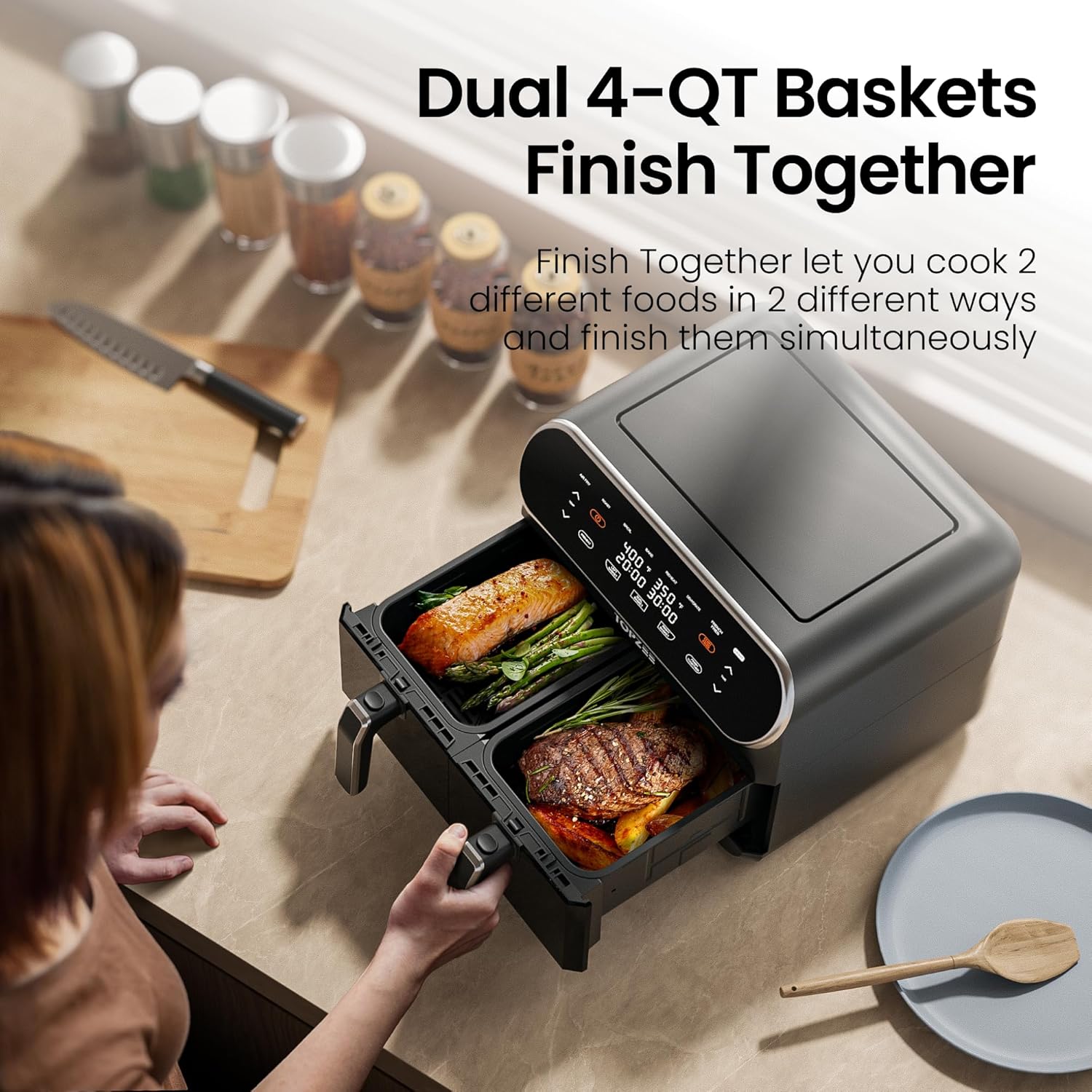Topzee 8QT Dual Basket Air Fryer – Large 8-Quart Air Fryer with Independent Temperature Control, 8 Preset Functions, Match & Finish Together Mode, Clear Viewing Windows, Black