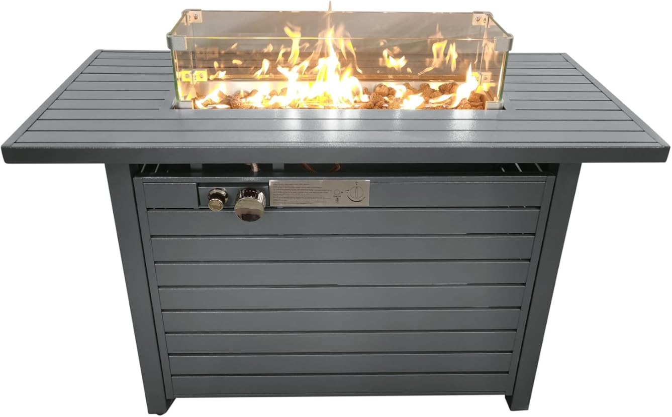 Penau 11 Inch H x 42 Inch L Steel Propane Outdoor Fire Pit Table with Lid - Modern Design, 50000 BTU, Lava Rock Filling, Garden & Patio Use, Gray