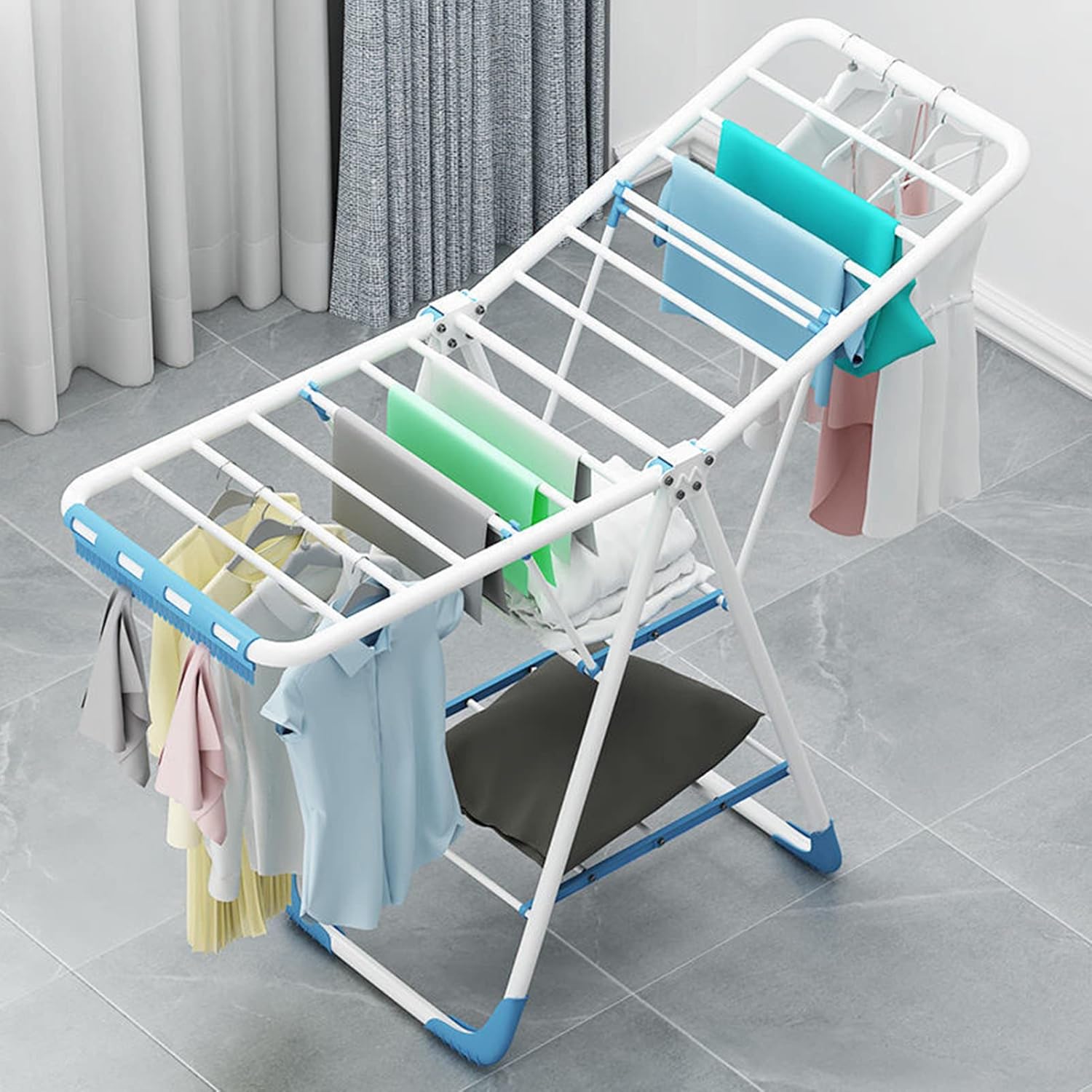 Outdoor Drying Rack Clothing Foldable, Clothes Drying Rack, Collapsible Laundry Rack with Hanging Rods, Shoe Hangers, Adjustable Wing and Foldable Design (1.5m)