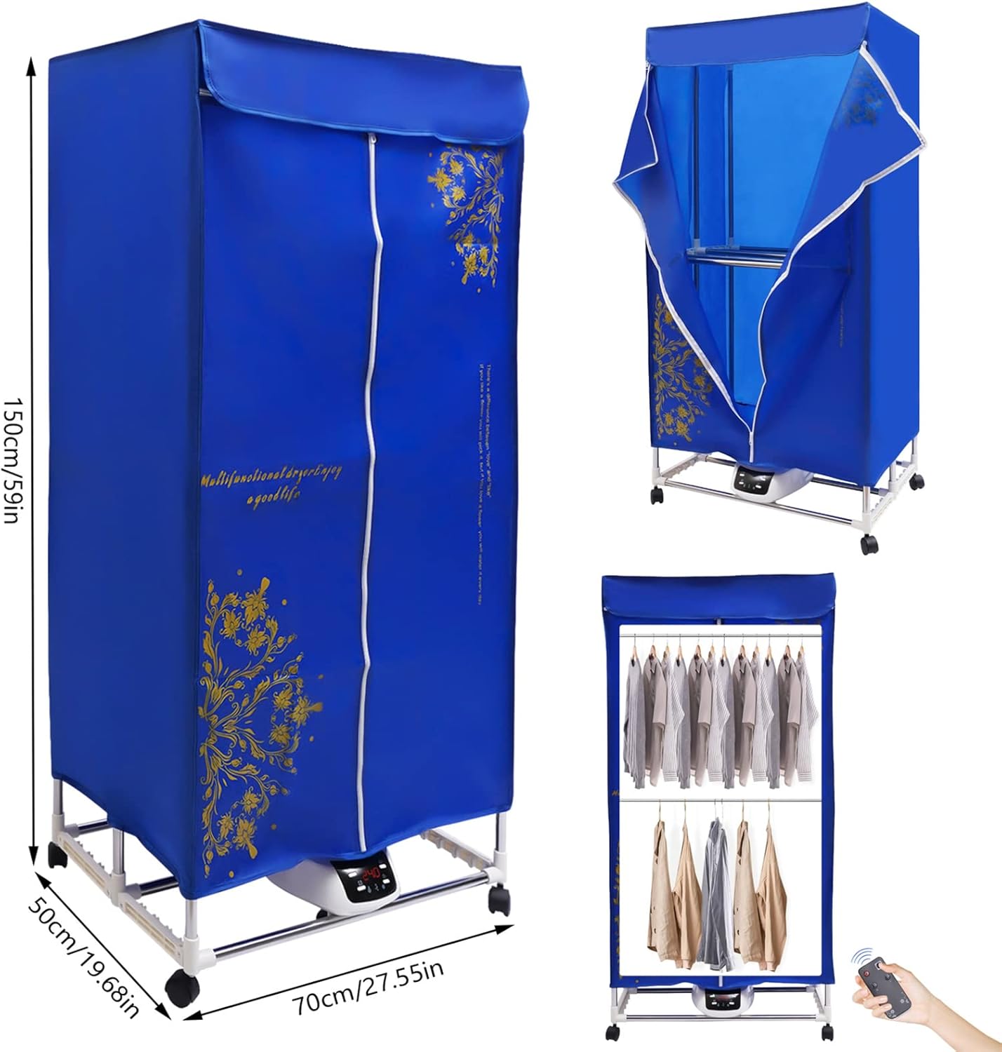 DYRABREST Folding Remote Control Plus Portable Clothes Dryer, Blue, 30kg Capacity, Stainless Steel, 1200-1500W, Front Load, DRYER