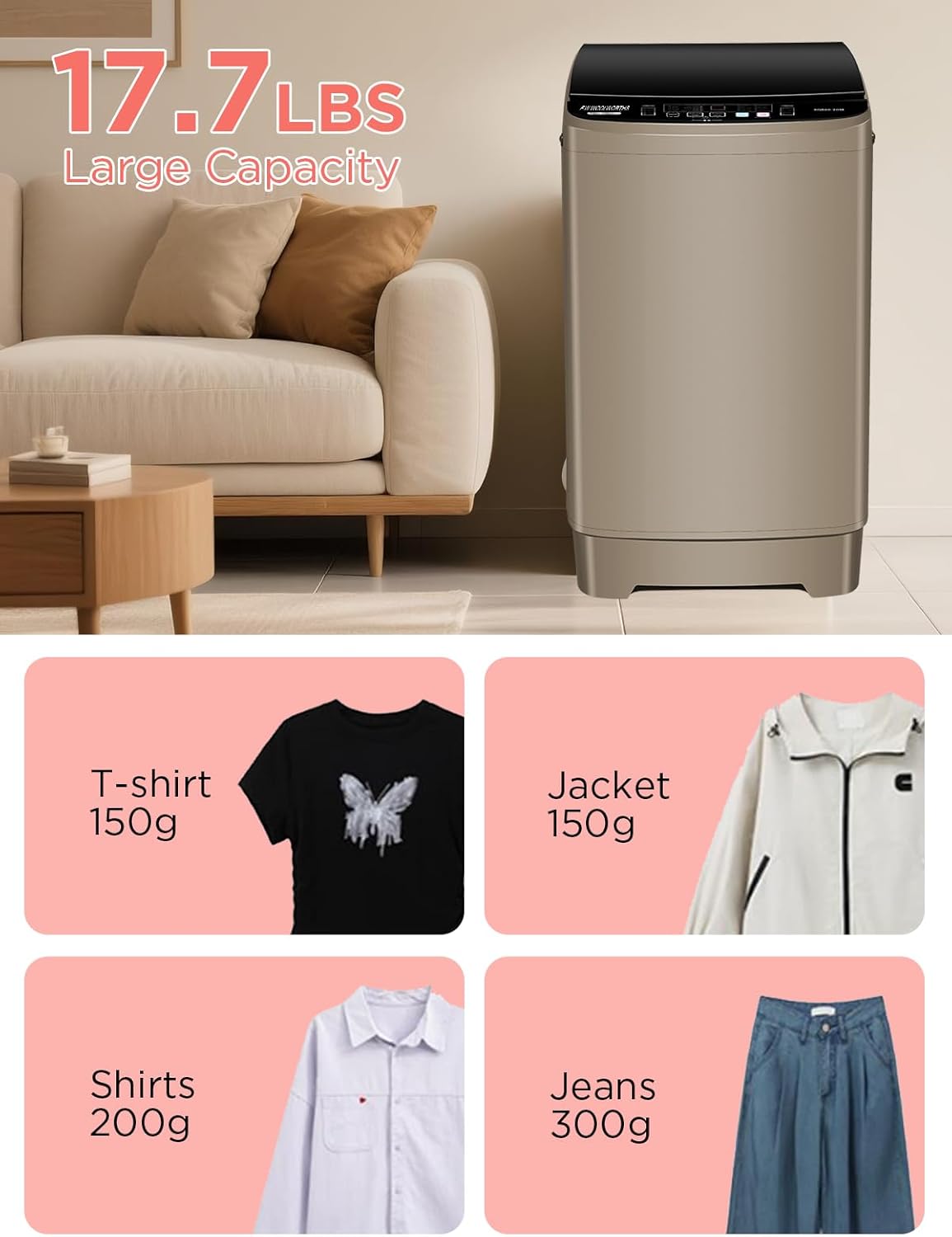 17.7 lbs Full Automatic Washing Machine with Spin Dryer - 10 Wash Programs, 8 Water Levels, LED Display, Drain Pump, Washer for Apartment, Dorm, Home, Gold