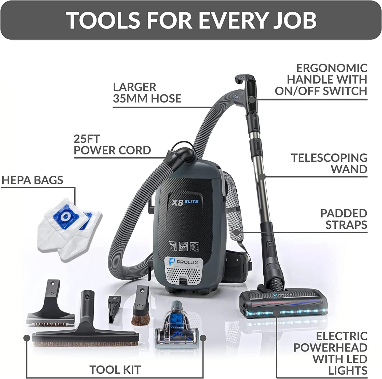 Prolux X8 Elite Canister Backpack Vacuum, HEPA Filtration, Tools for Every Cleaning Task on Any Surface, Illuminating LED Lights, Adjustable Straps