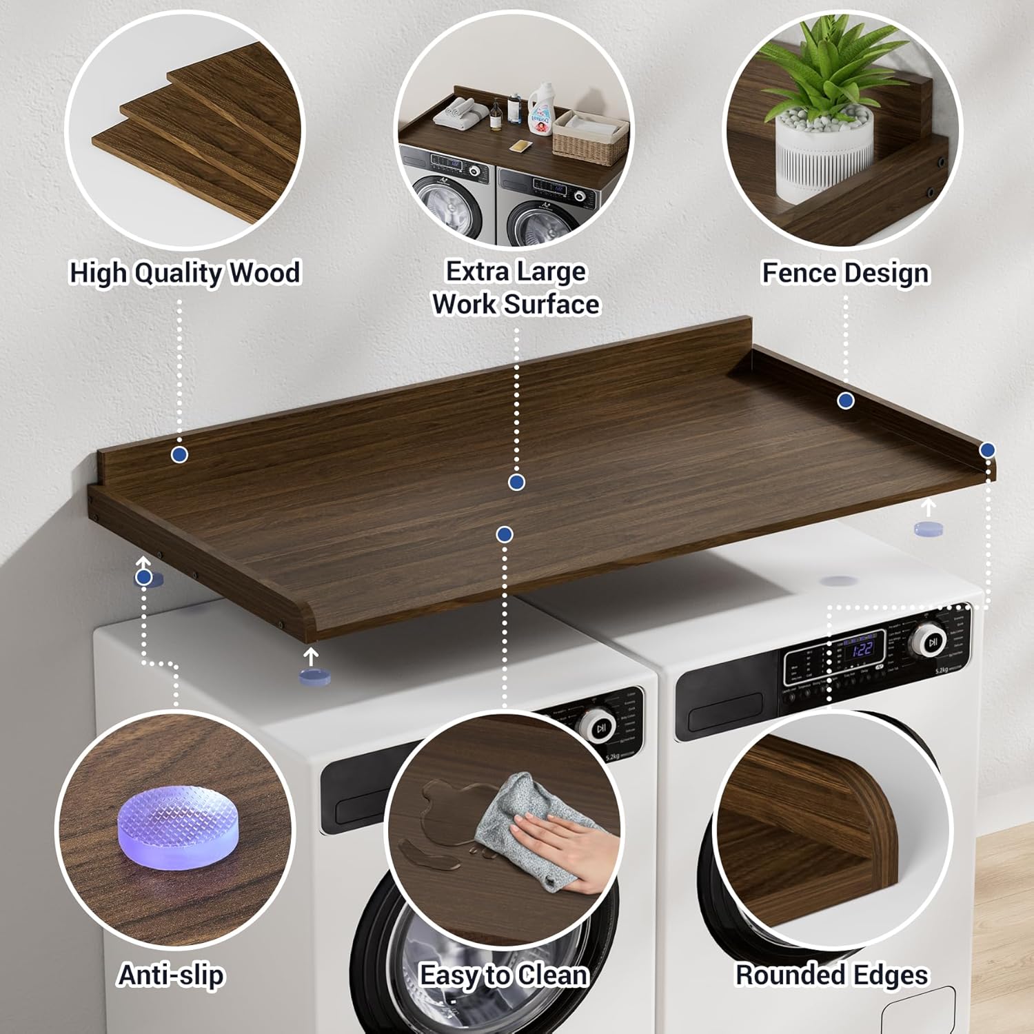 COOLBEBE Washer Dryer Countertop, Wood Washer Dryer Topper with Edge, 54