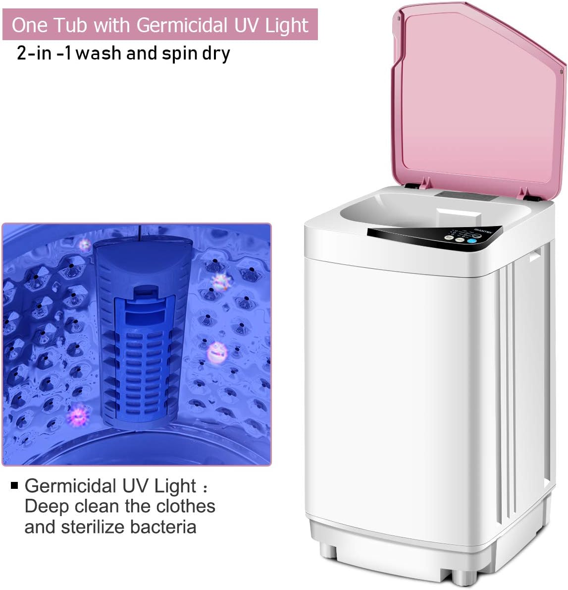 Giantex Full-Automatic Washing Machine Portable Washer and Spin Dryer 7.7 lbs Capacity Compact Laundry Washer with Built-in Barrel Light Drain Pump and Long Hose for Apartments Camping (White & Pink)
