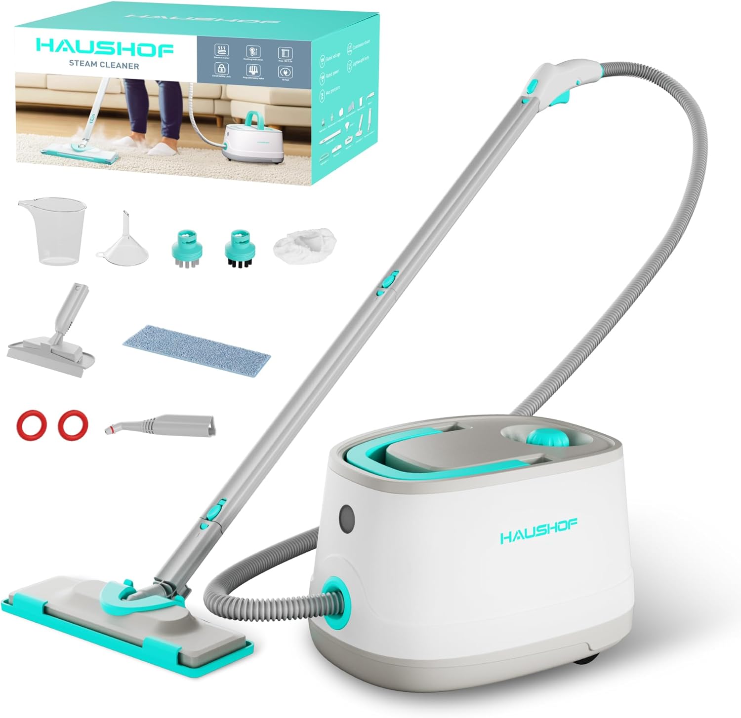 HAUSHOF Steam Cleaner with 1.5L Large Tank and Wheels, 4 Bar Portable Steam Cleaner with 16 Accessories, 1500W Steamer for Car Detailing, Floor, Dirt, Grease, Grout