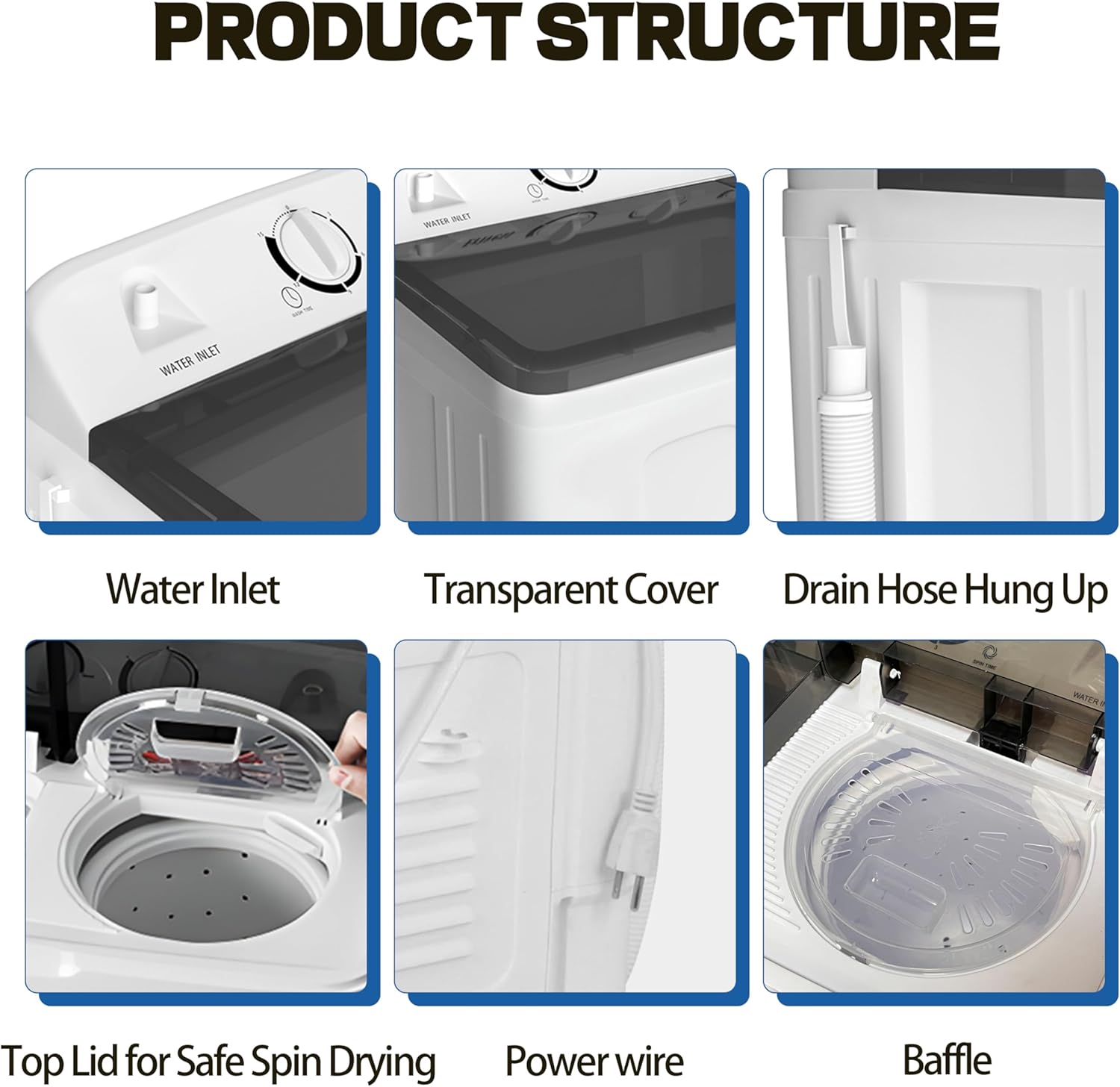 Sportpulse 17lbs Mini Twin Tub Portable Washing Machine, 10lbs Washer & 7lbs Spinner with Time Control for Apartments, Camping, RV – Compact Black Laundry Washer