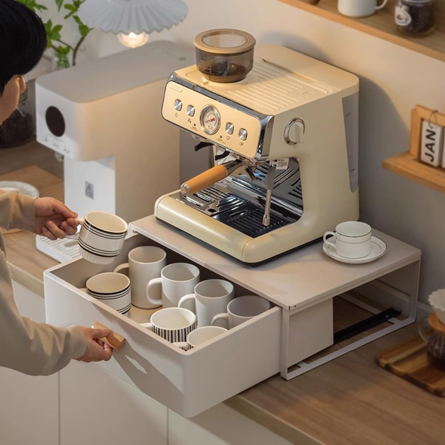 Steel Microwave Stand with Pull-Out Drawers, Countertop Organizer for Compact Microwaves, Coffee Station & Kitchen Appliance Storage, White (15.8in)