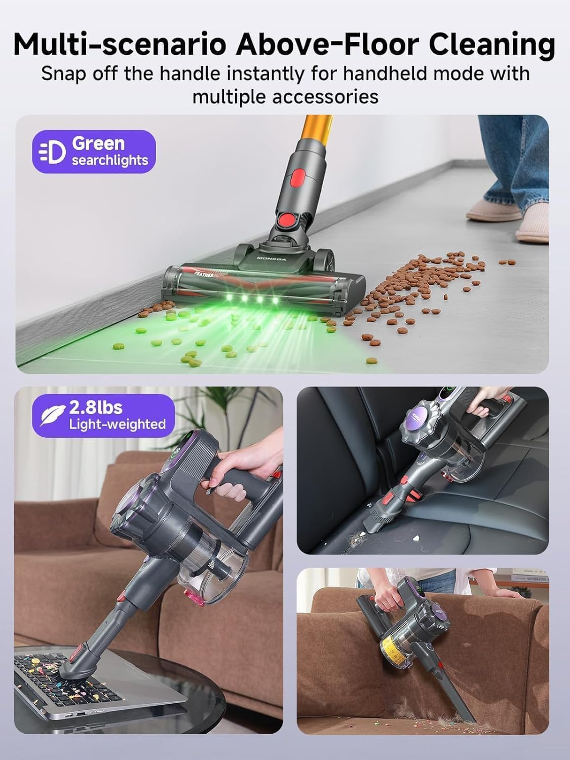 MONSGA Cordless Vacuum Cleaner, 45KPa 400W Stick Vacuum for Home, 50Mins Anti-Tangled Vacuum Cleaner with Charging Dock, Light-Weighted Handheld Vacuum for Pet Hair/Carpet/Floor, LED Touch Display