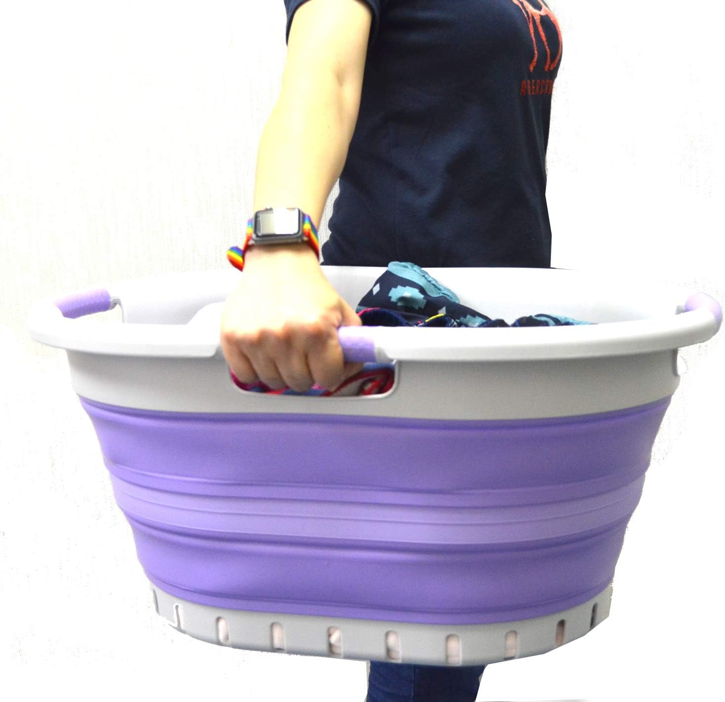 SAMMART 36L (9.5 gallon) Collapsible 3 Handled Plastic Laundry Basket-Foldable Pop Up Storage Container/Organizer-Space Saving Basket (3 handled Oval, Grey/Purple)