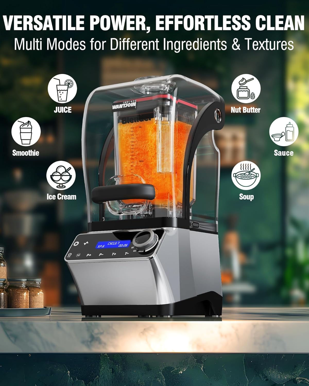 WantJoin Commercial Blender - 68 oz Quiet Commercial Blender for Smoothies with Sound Enclosure, 2200W Upgraded Copper Motor, 30000RPM, 7 Speeds, Blenders for Frozen Drinks, Juice, Soup