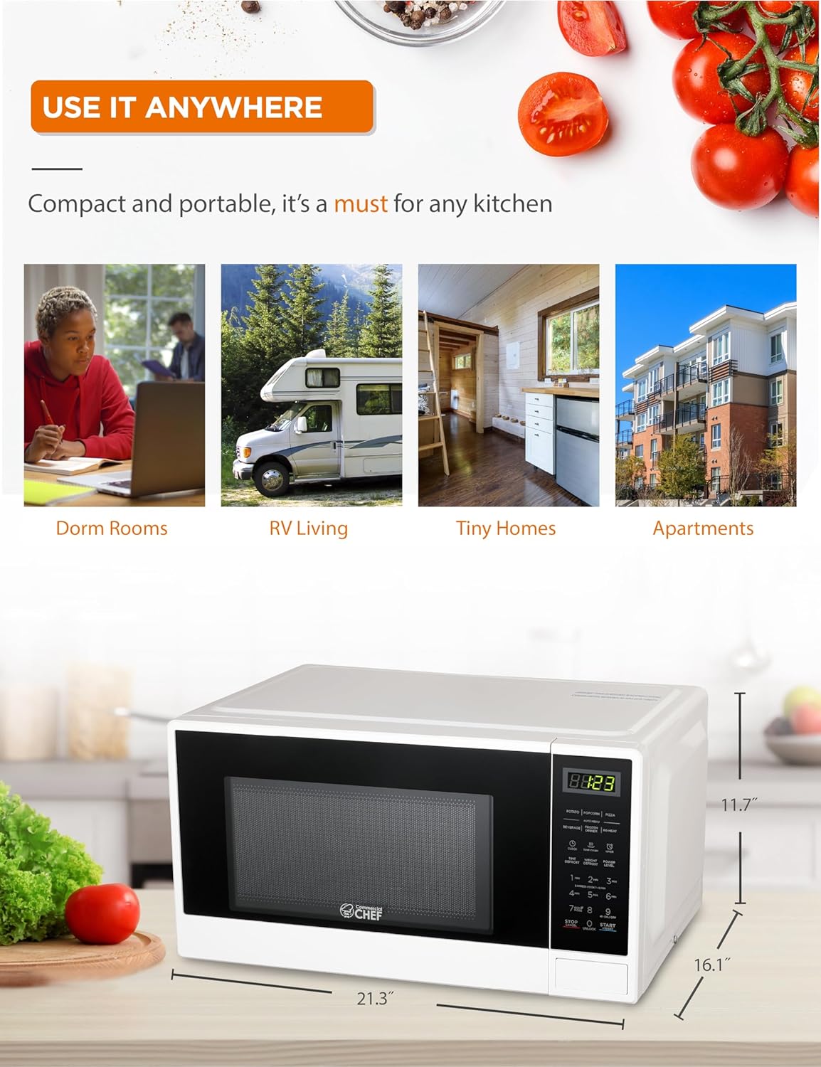 Commercial CHEF Countertop Microwave, 1.1 Cubic feet, White