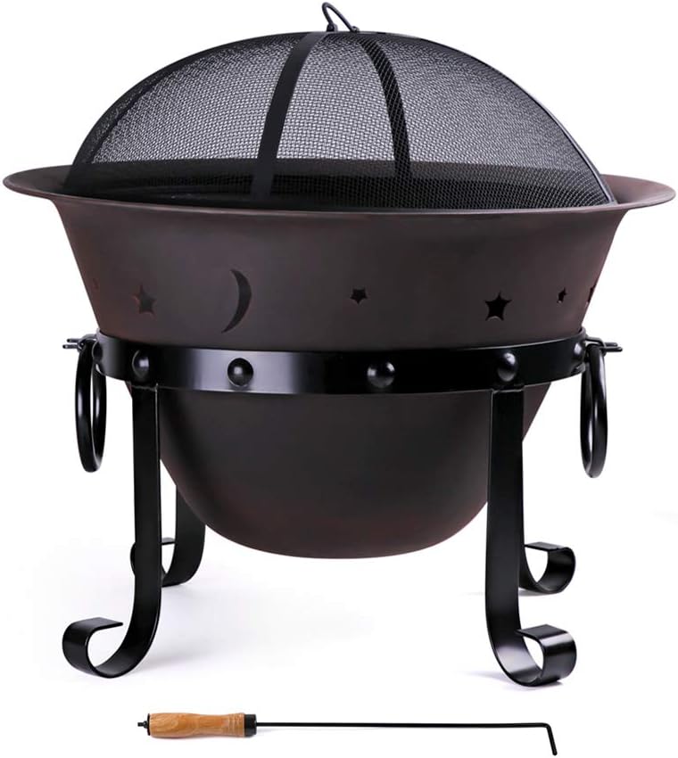 Fire Pit Bowl with Mesh Screen - Cast Iron Outdoor Round Wood Burning Fire Pit for Backyard Patio Garden with Fireplace Poker