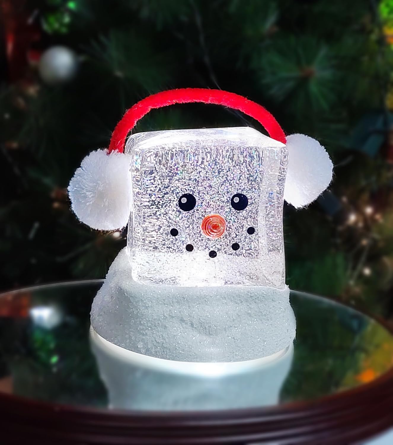 Moments in Time 6.9” Acrylic Ice Cube Snowman LED Lighted Water Spinning Glitter Decoration, Battery Operated Christmas Tabletop Décor, Winter with Sparkling Lights