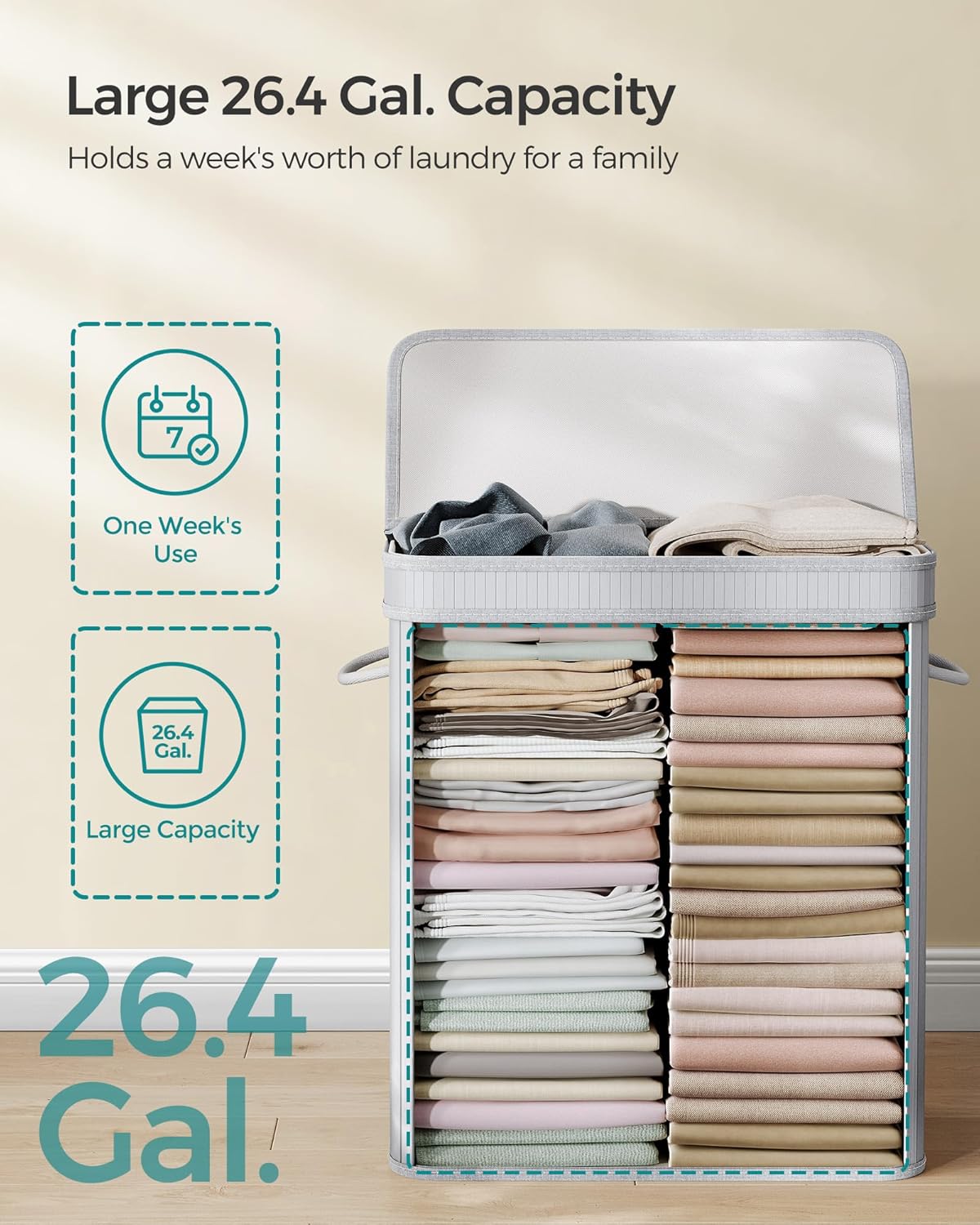 SONGMICS Laundry Hamper with Lid, Bamboo Laundry Basket, Removable Machine Washable Laundry Basket, with Handles, 26.4-Gallons, for Laundry Room, Bedroom, Bathroom, Dove Gray ULCB063G01