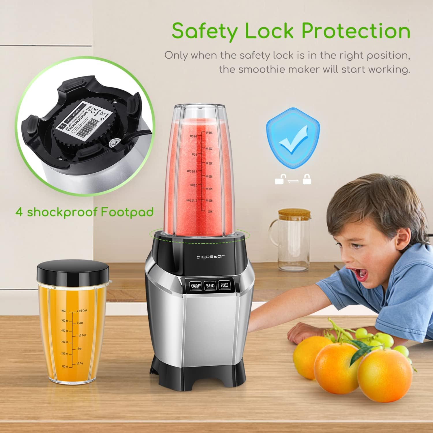 Aigostar Bullet Blender for Shakes and Smoothies, Personal Blender for Kitchen, Smoothie Blender Juice Licuadora Crushing Ice Puree Frozen Fruit, Countertop Blender with 24&20 oz To-Go Cups