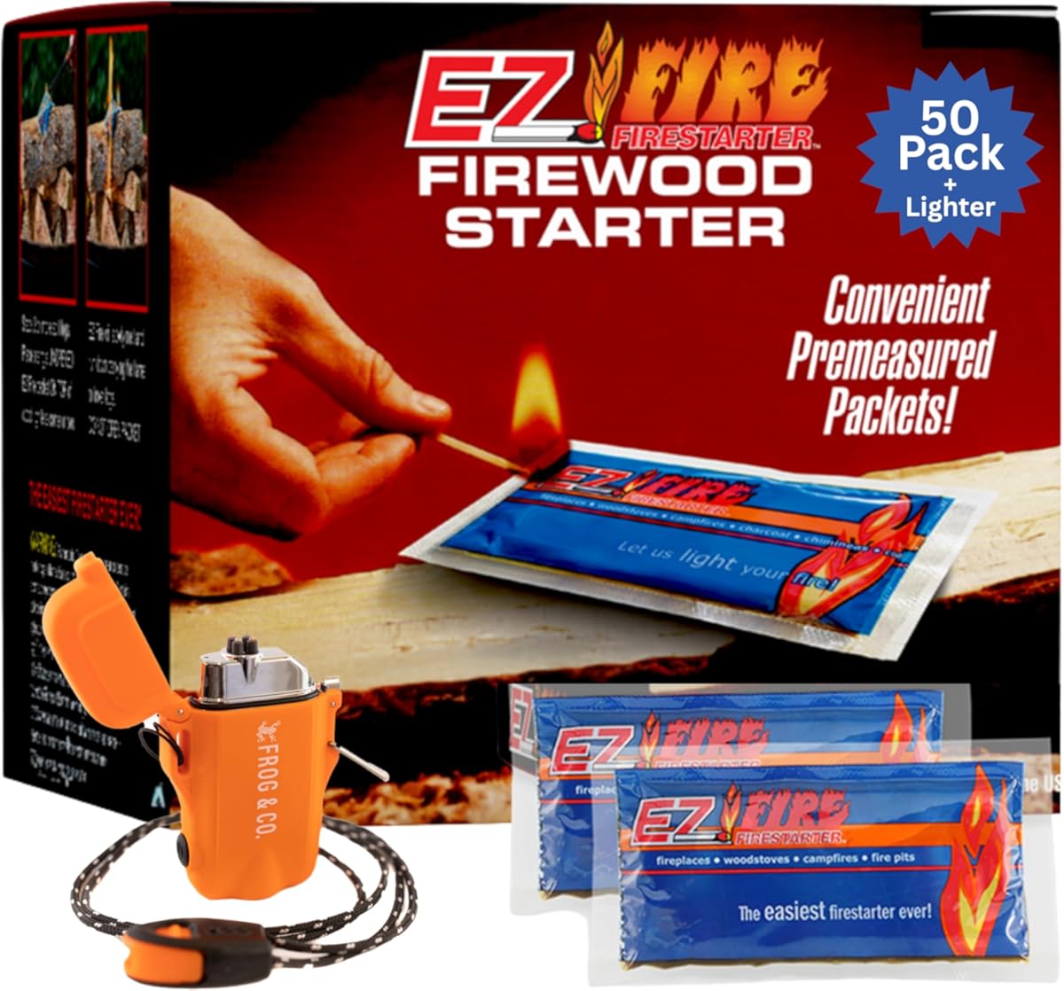 – 50 Pack All-Natural Fire Starters for Campfires, Fire Pits, BBQs & Fireplaces – Long Burning, Weather-Resistant, Non-Toxic + Survival Frog Rechargeable Lighter Kit