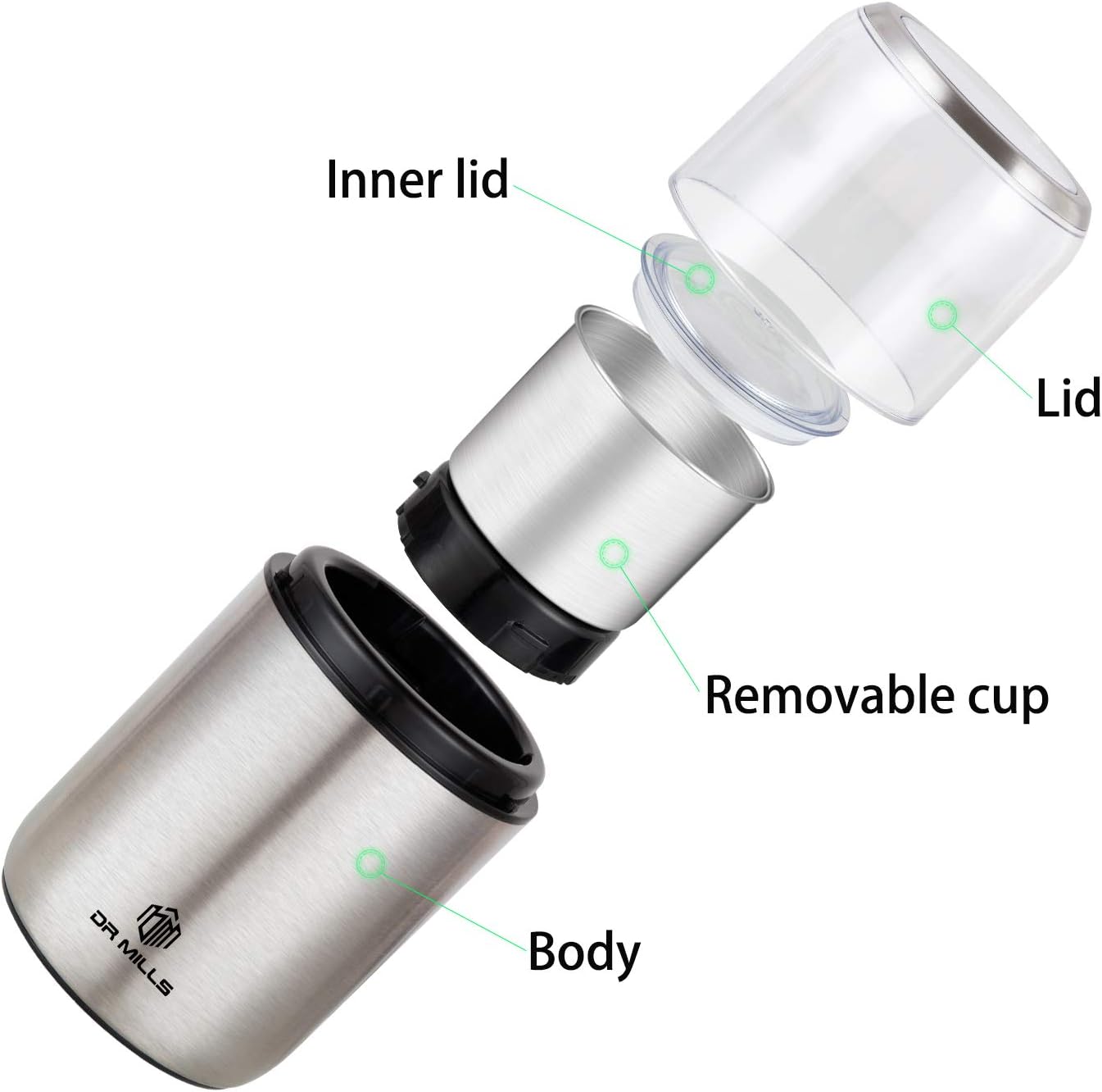 DR MILLS DM-7452 Electric Coffee Grinder,Spice Grinder Electric and Chopper,Detachable Cup, Diswash Free, Blade & Cup Made with SUS304 Stainless Steel