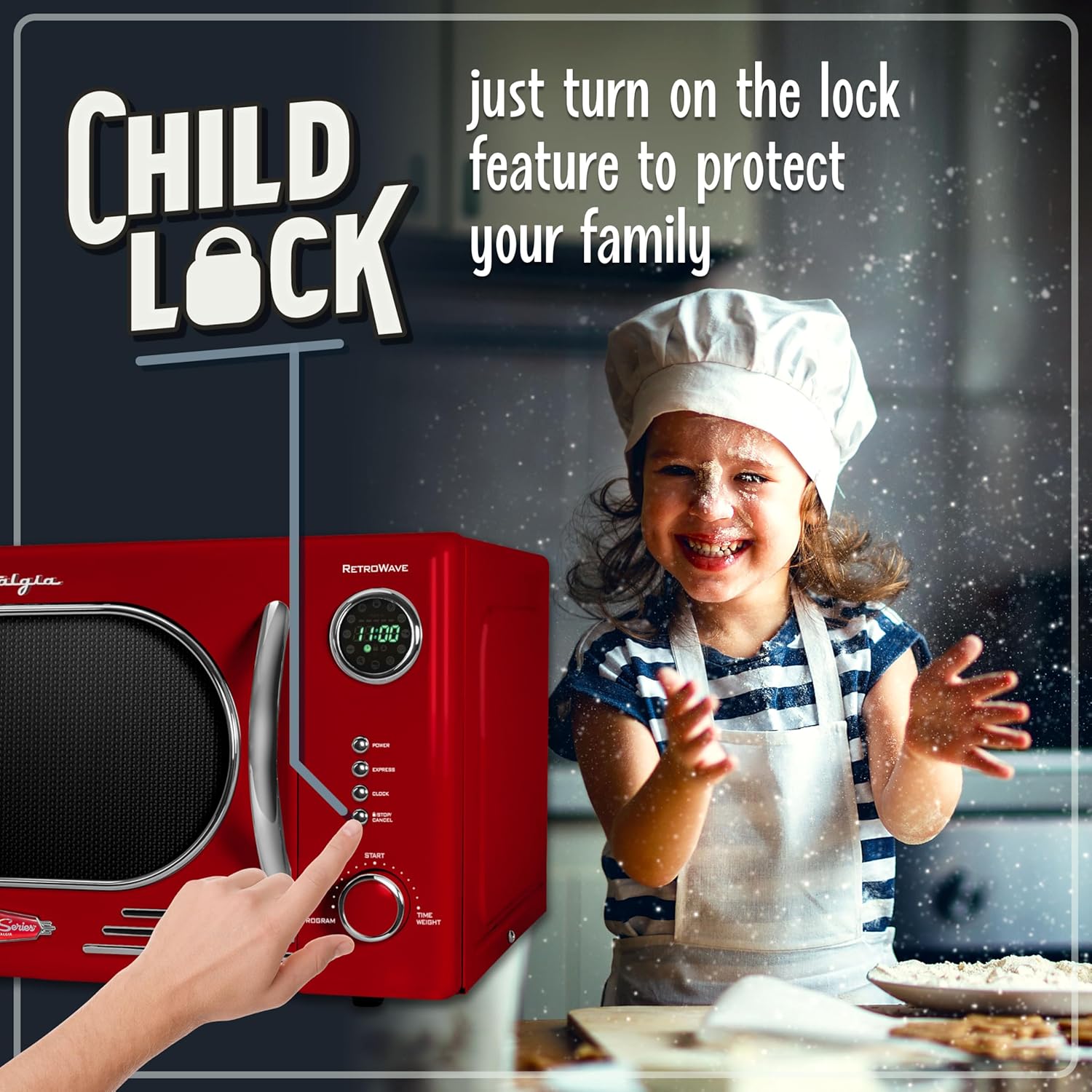 Nostalgia Retro Countertop Microwave Oven - 1.1 Cu Ft & 1000 Watt Power- Easy to Clean with Removable Glass Turntable - Child Safety Lock - 12 Programs - Digital Clock - Red