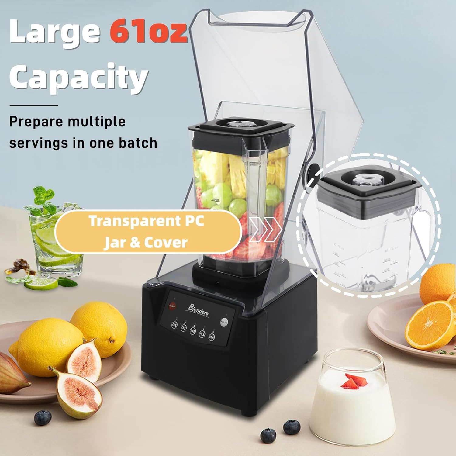 Commercial Smoothie Blender with Quiet Shield 61oz Quiet Blender for Smoothies 2600W High Powered Blenders Stainless Steel Milk Shake Machines for Smoothies, Milkshakes, and Sauces